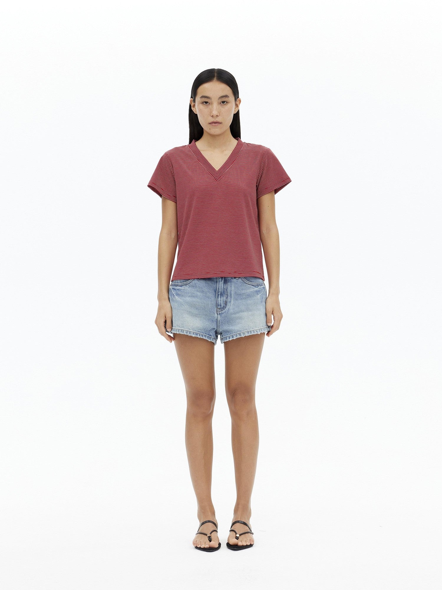 AFTADAWN Striped V-neck Drapey Wrinkle Resistant Women&
