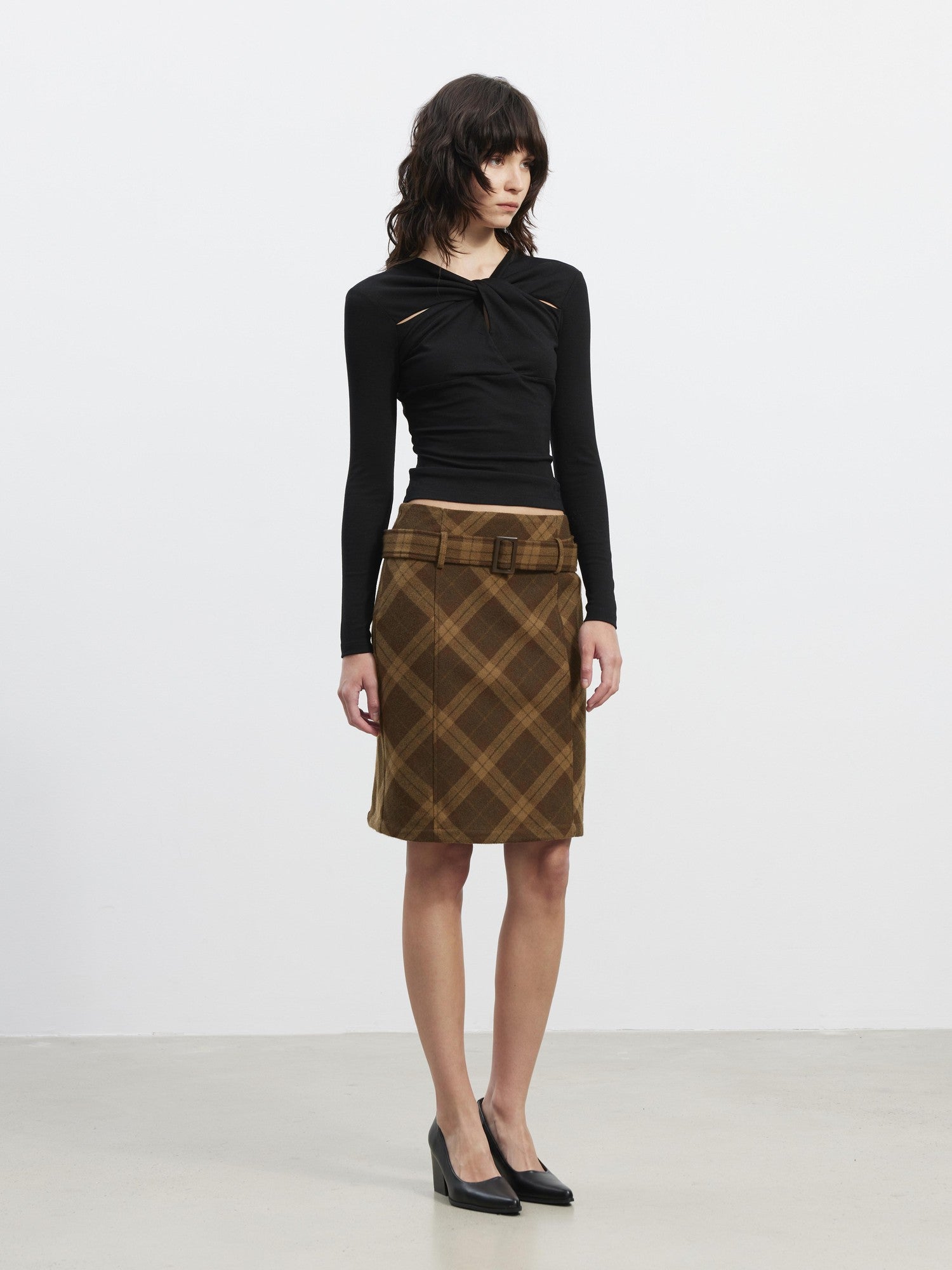 AFTADAWN Suede Printed Plaid High Waist Belted Straight Women&