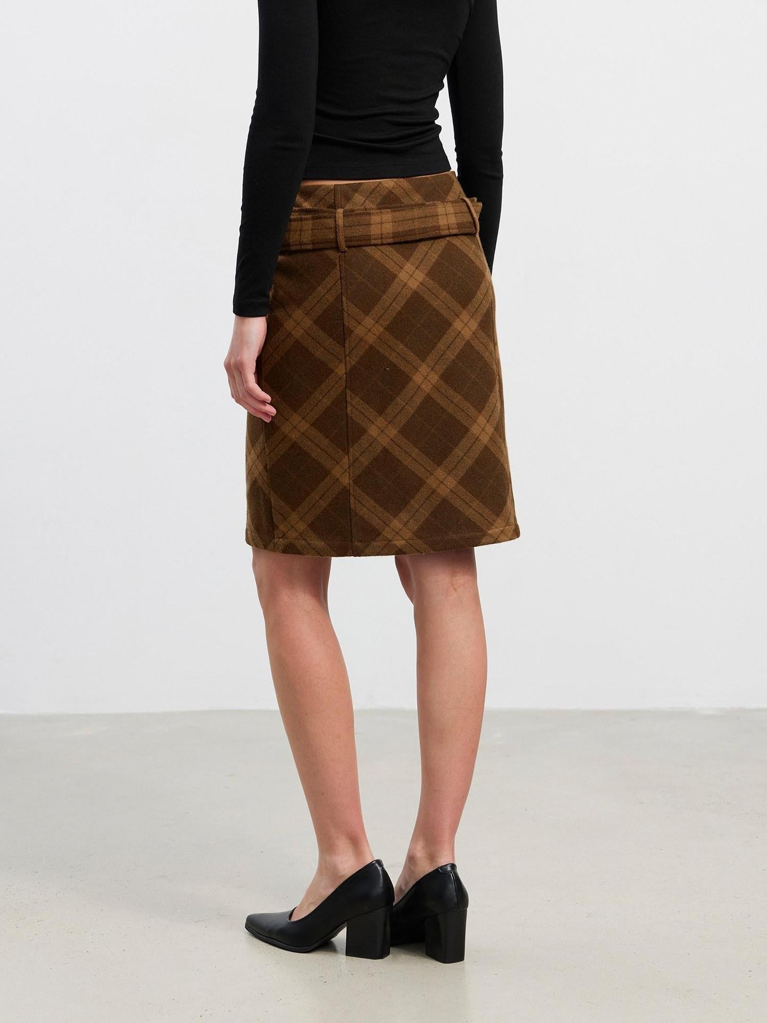 AFTADAWN Suede Printed Plaid High Waist Belted Straight Women&