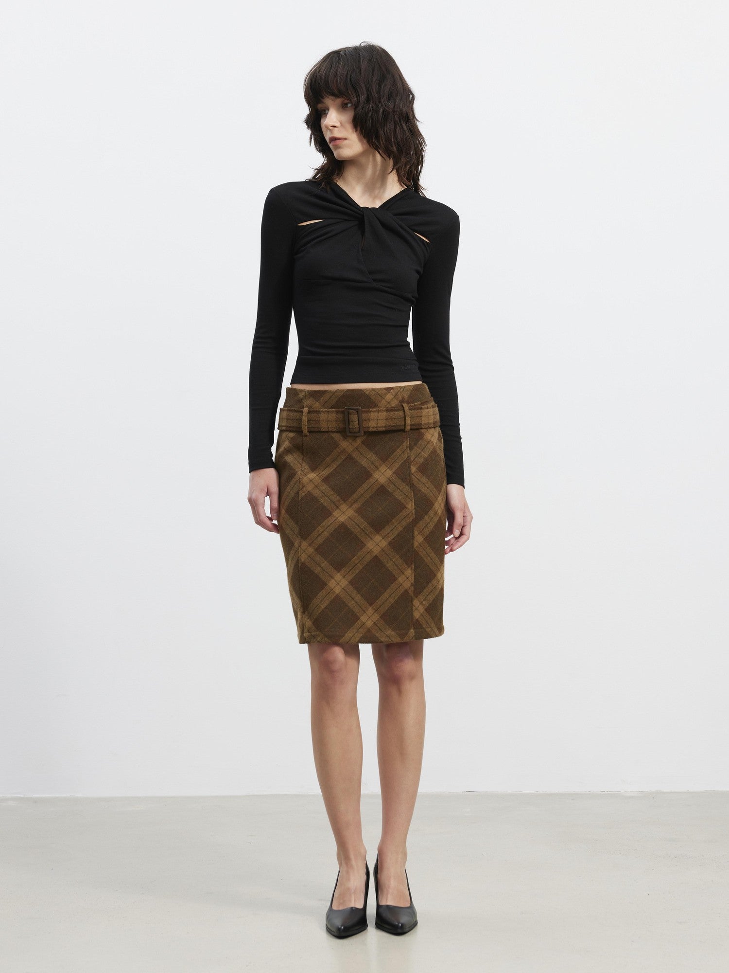 AFTADAWN Suede Printed Plaid High Waist Belted Straight Women&