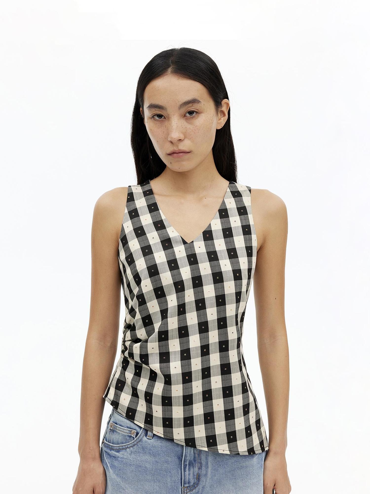 AFTADAWN Tencel Acetate Grid V-Neck Waist Defining Sleeveless Vest
