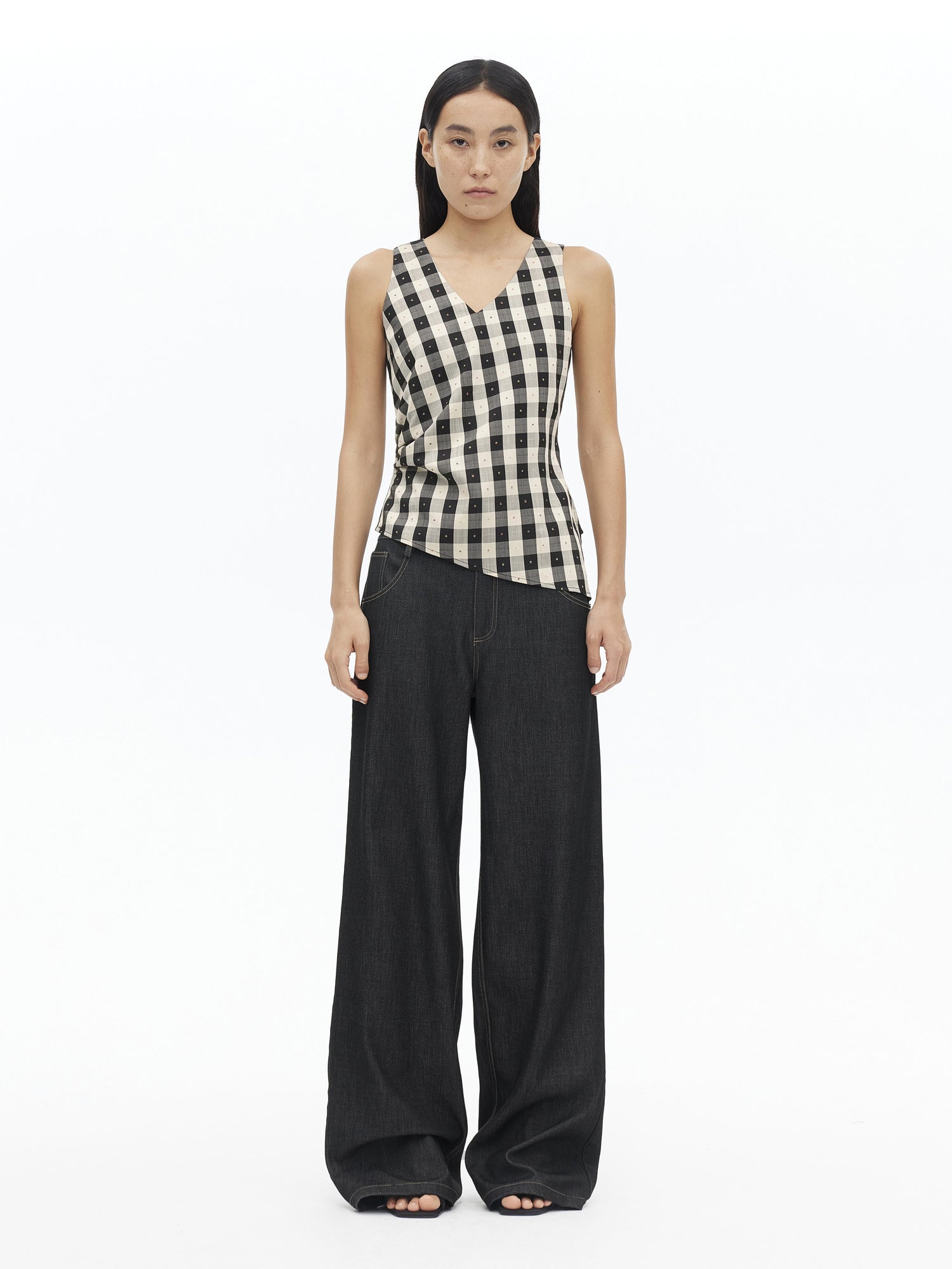 AFTADAWN Tencel Acetate Grid V-Neck Waist Defining Sleeveless Vest