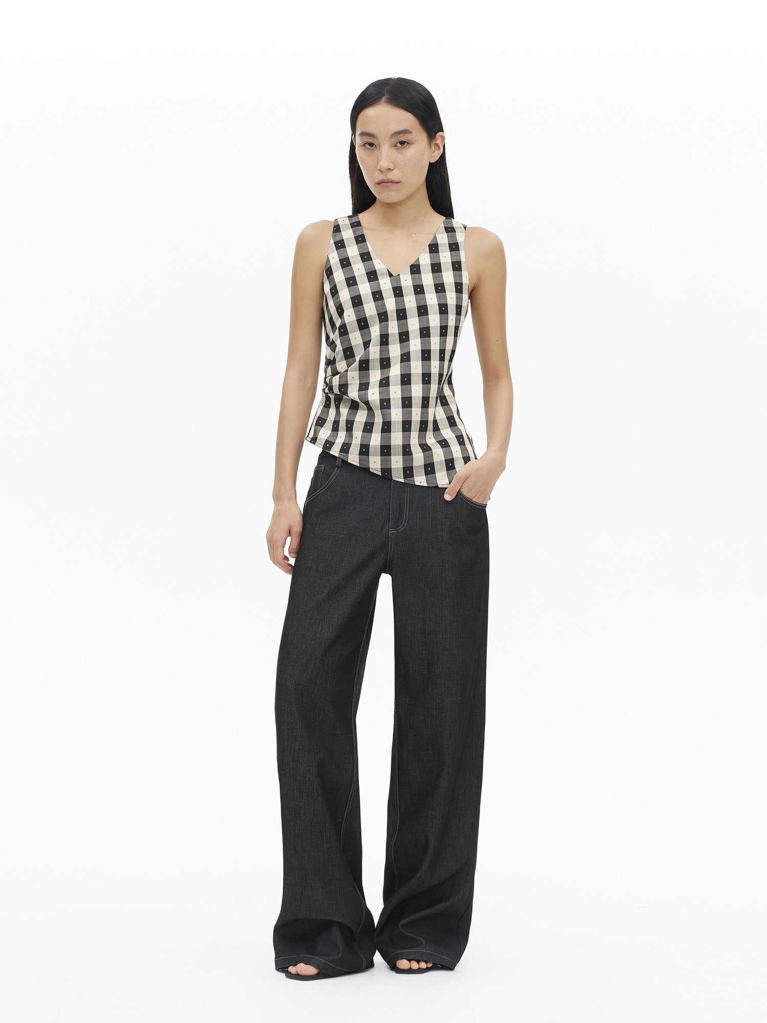 AFTADAWN Tencel Acetate Grid V-Neck Waist Defining Sleeveless Vest