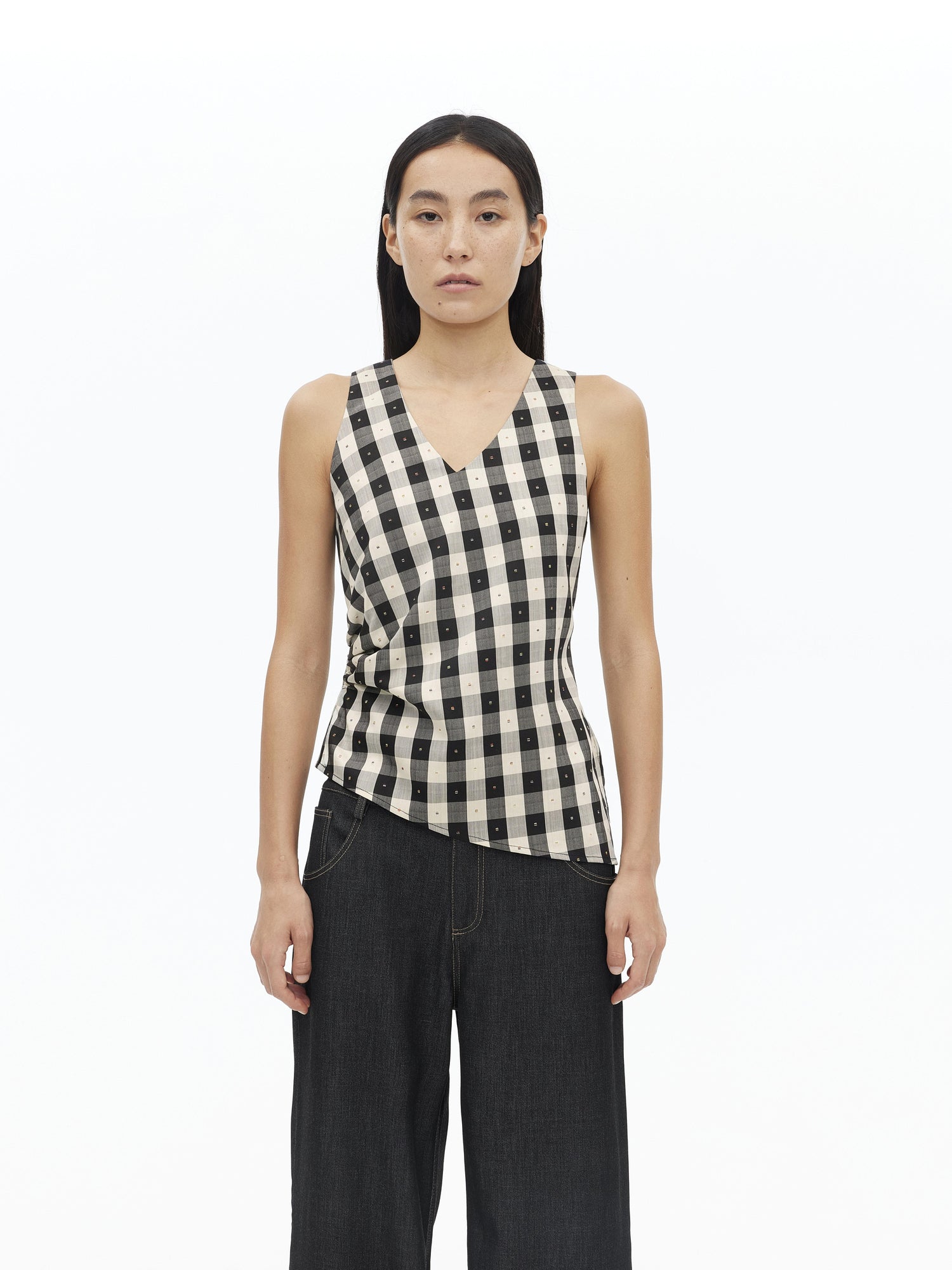 AFTADAWN Tencel Acetate Grid V-Neck Waist Defining Sleeveless Vest