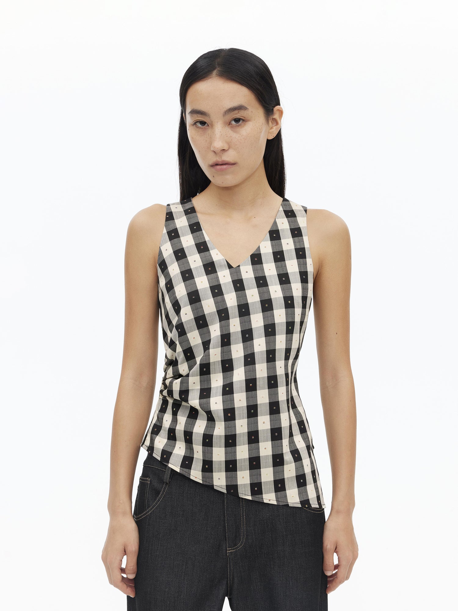 AFTADAWN Tencel Acetate Grid V-Neck Waist Defining Sleeveless Vest
