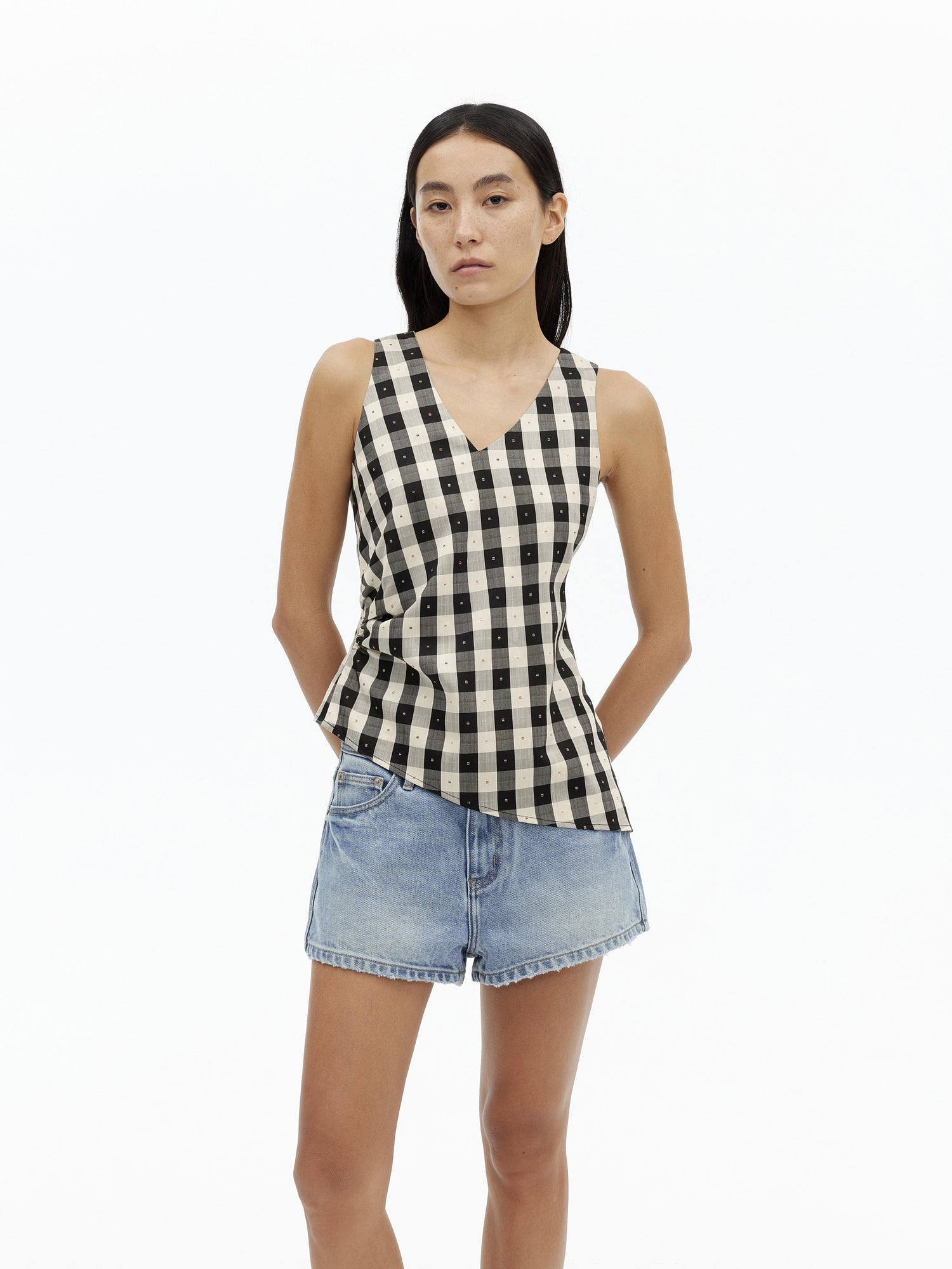 AFTADAWN Tencel Acetate Grid V-Neck Waist Defining Sleeveless Vest