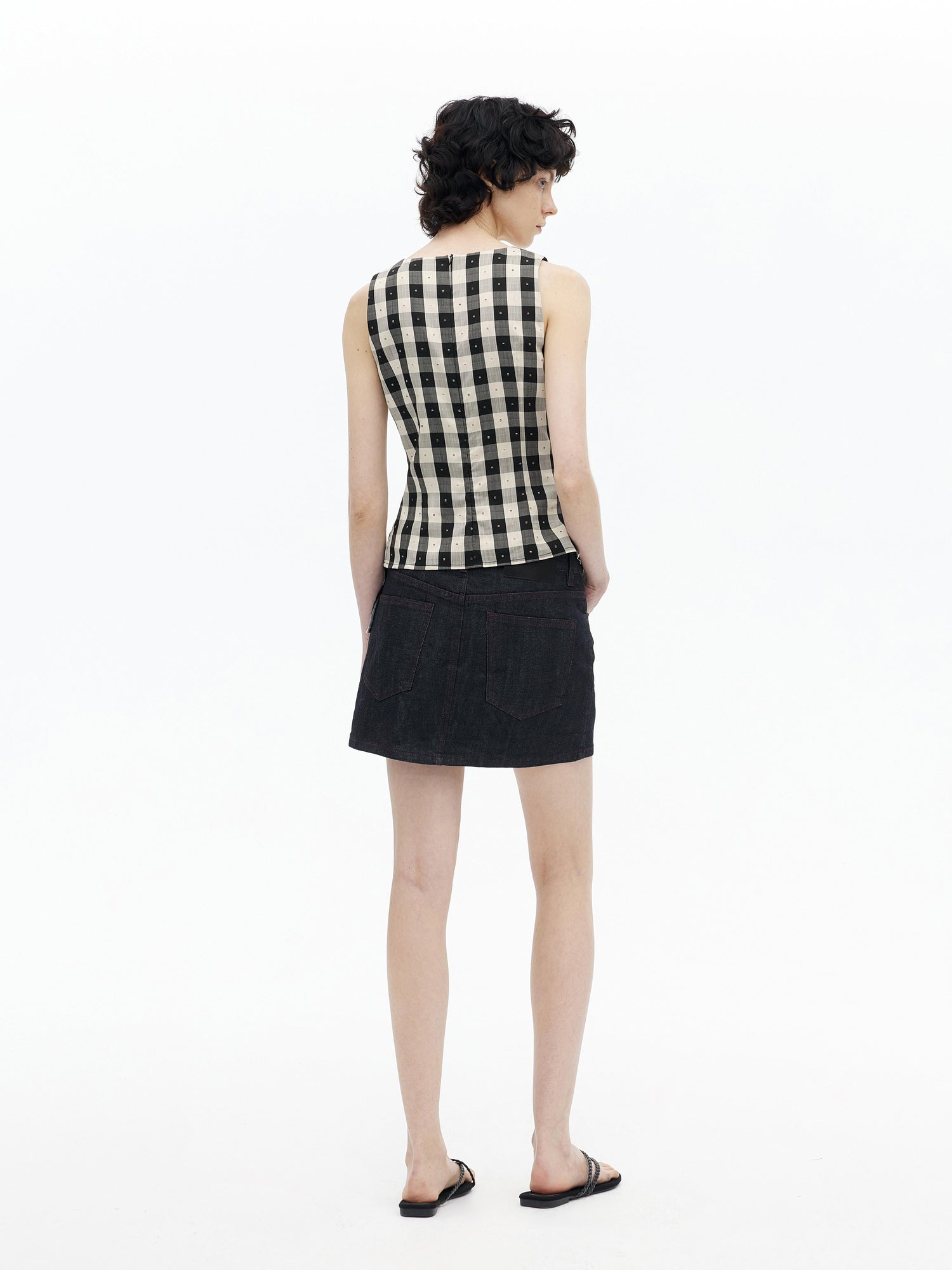 AFTADAWN Tencel Acetate Grid V-Neck Waist Defining Sleeveless Vest