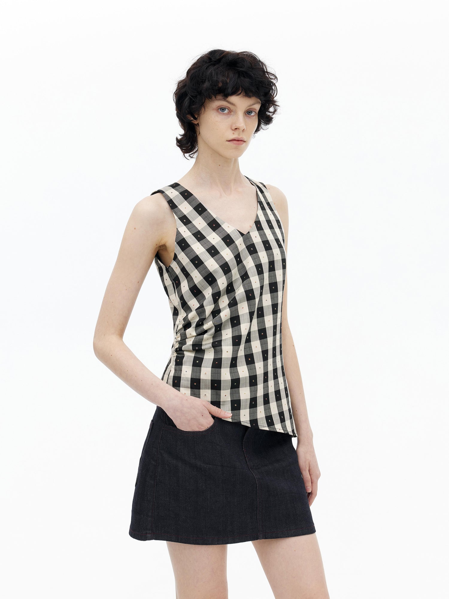 AFTADAWN Tencel Acetate Grid V-Neck Waist Defining Sleeveless Vest