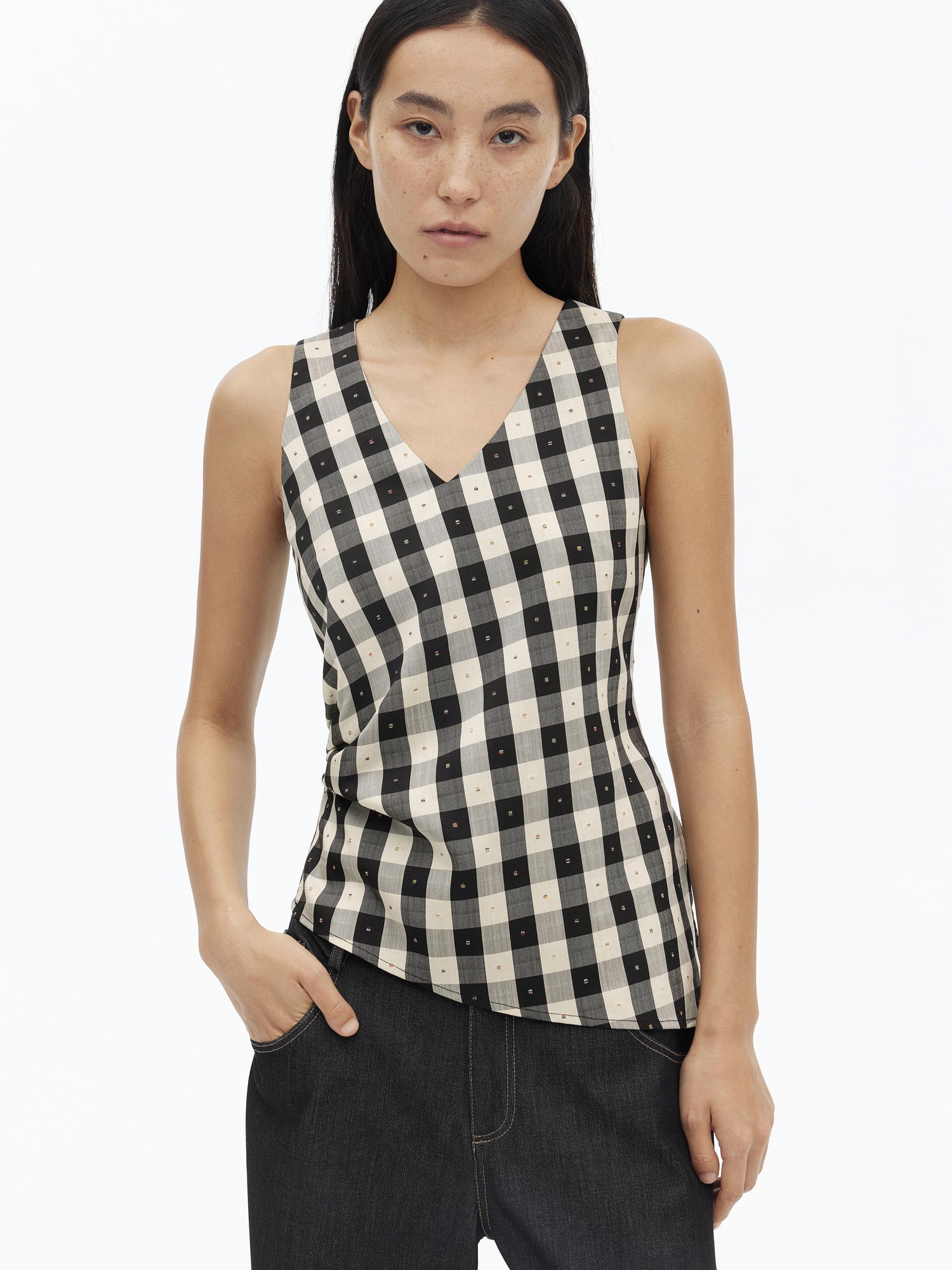 AFTADAWN Tencel Acetate Grid V-Neck Waist Defining Sleeveless Vest