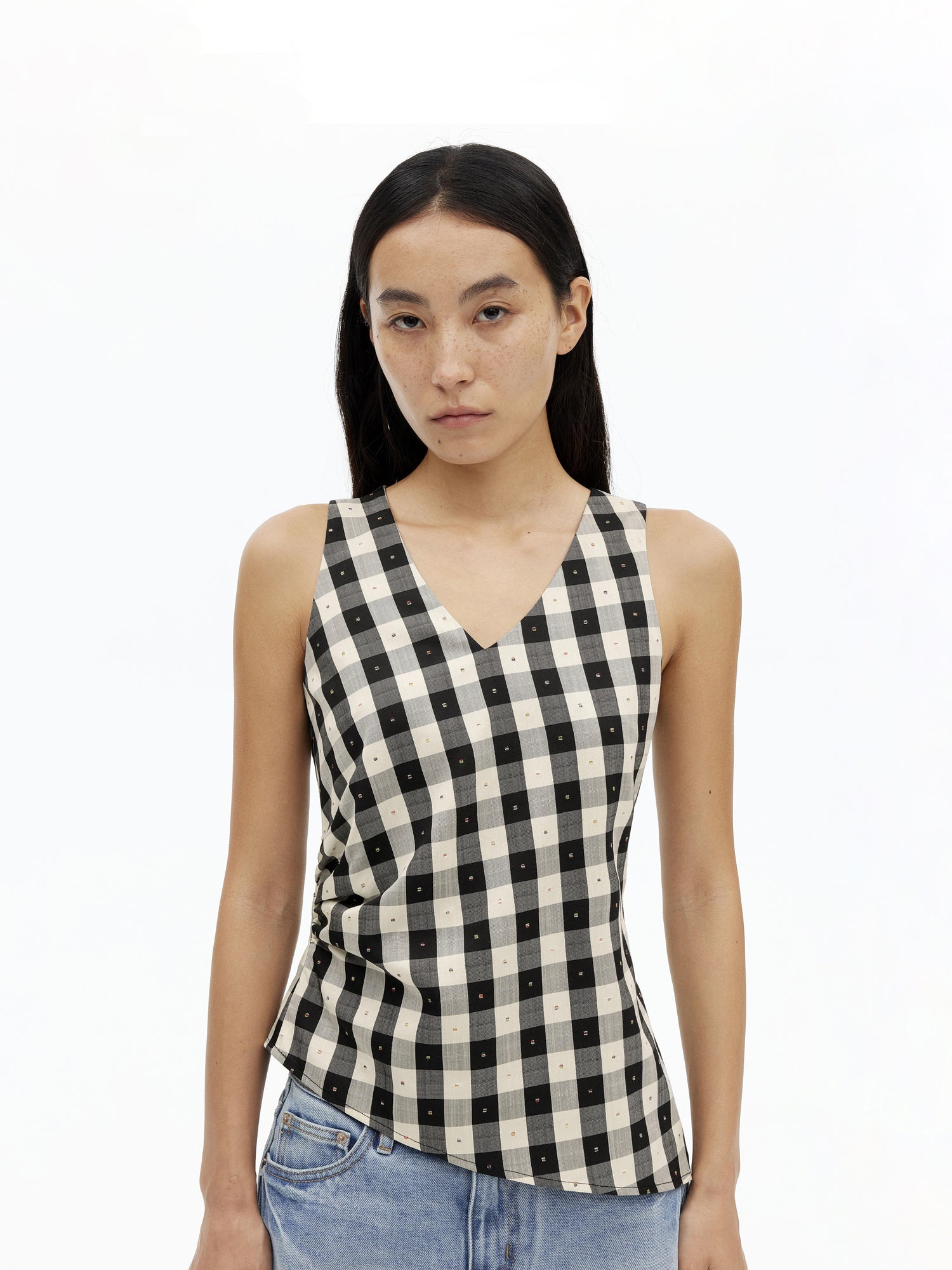AFTADAWN Tencel Acetate Grid V-Neck Waist Defining Sleeveless Vest