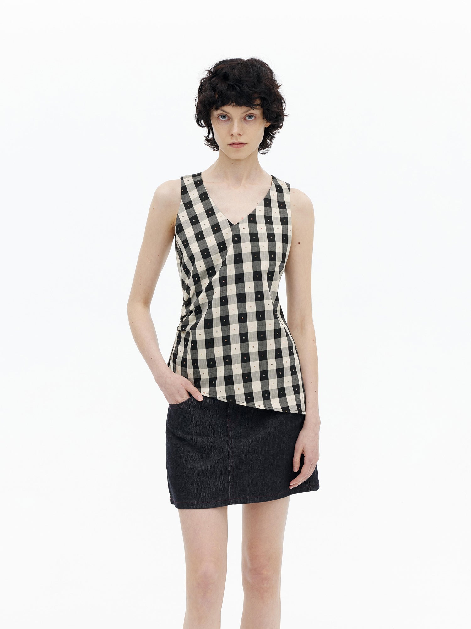 AFTADAWN Tencel Acetate Grid V-Neck Waist Defining Sleeveless Vest