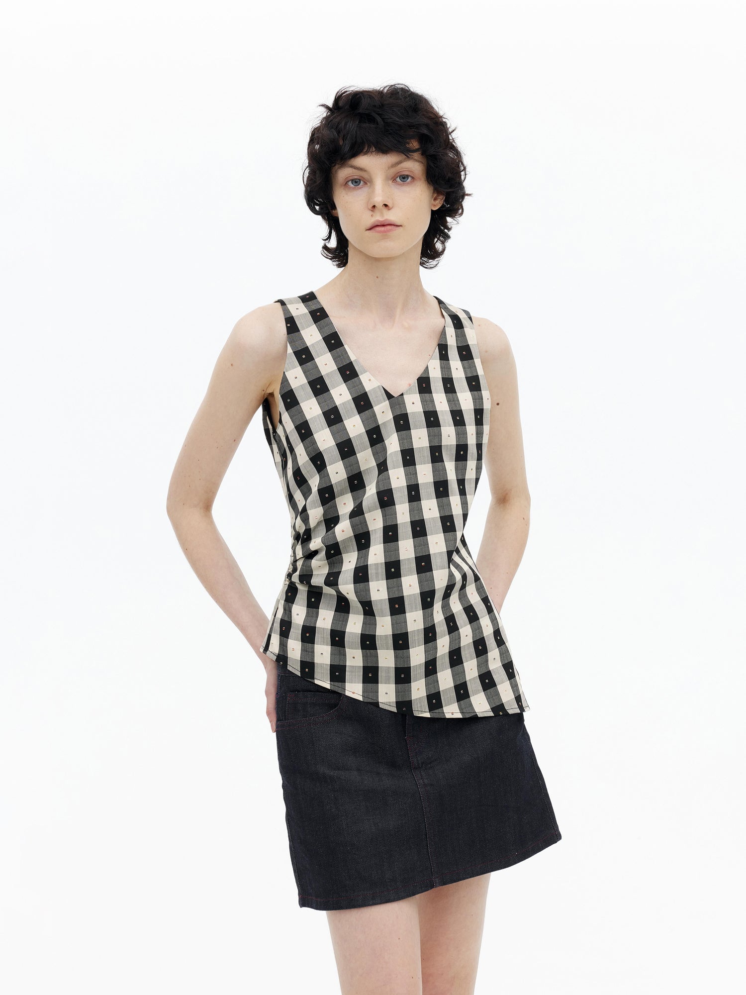 AFTADAWN Tencel Acetate Grid V-Neck Waist Defining Sleeveless Vest