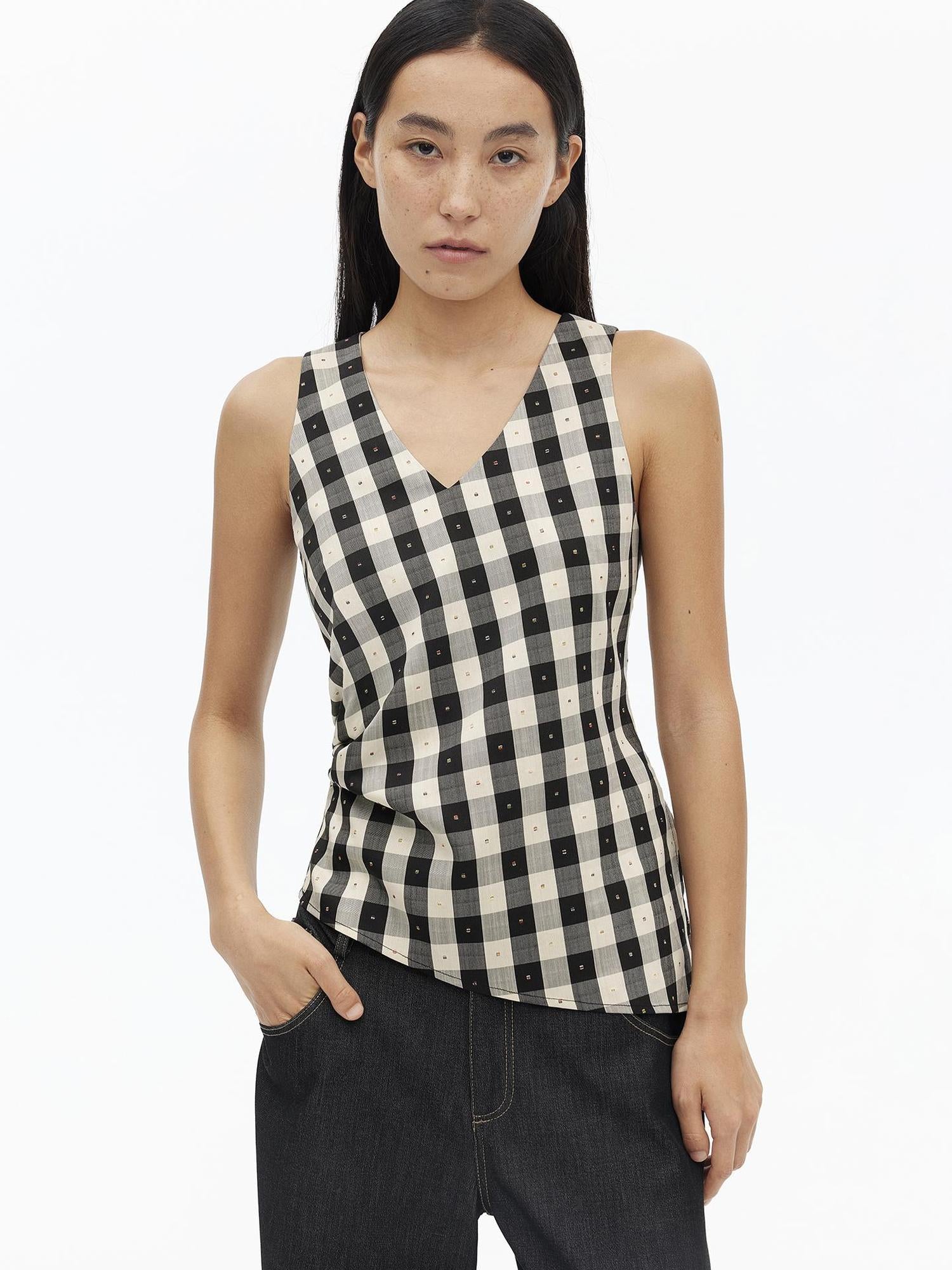 AFTADAWN Tencel Acetate Grid V-Neck Waist Defining Sleeveless Vest