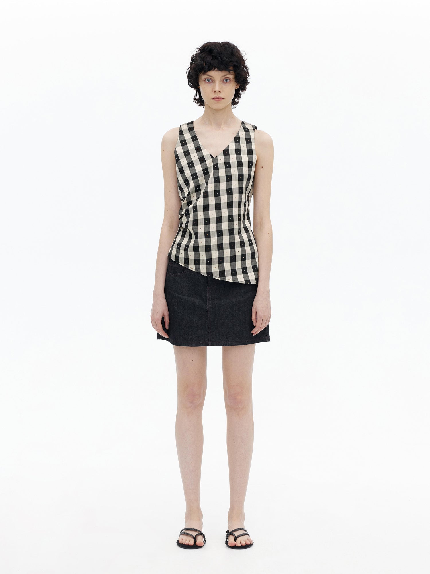 AFTADAWN Tencel Acetate Grid V-Neck Waist Defining Sleeveless Vest