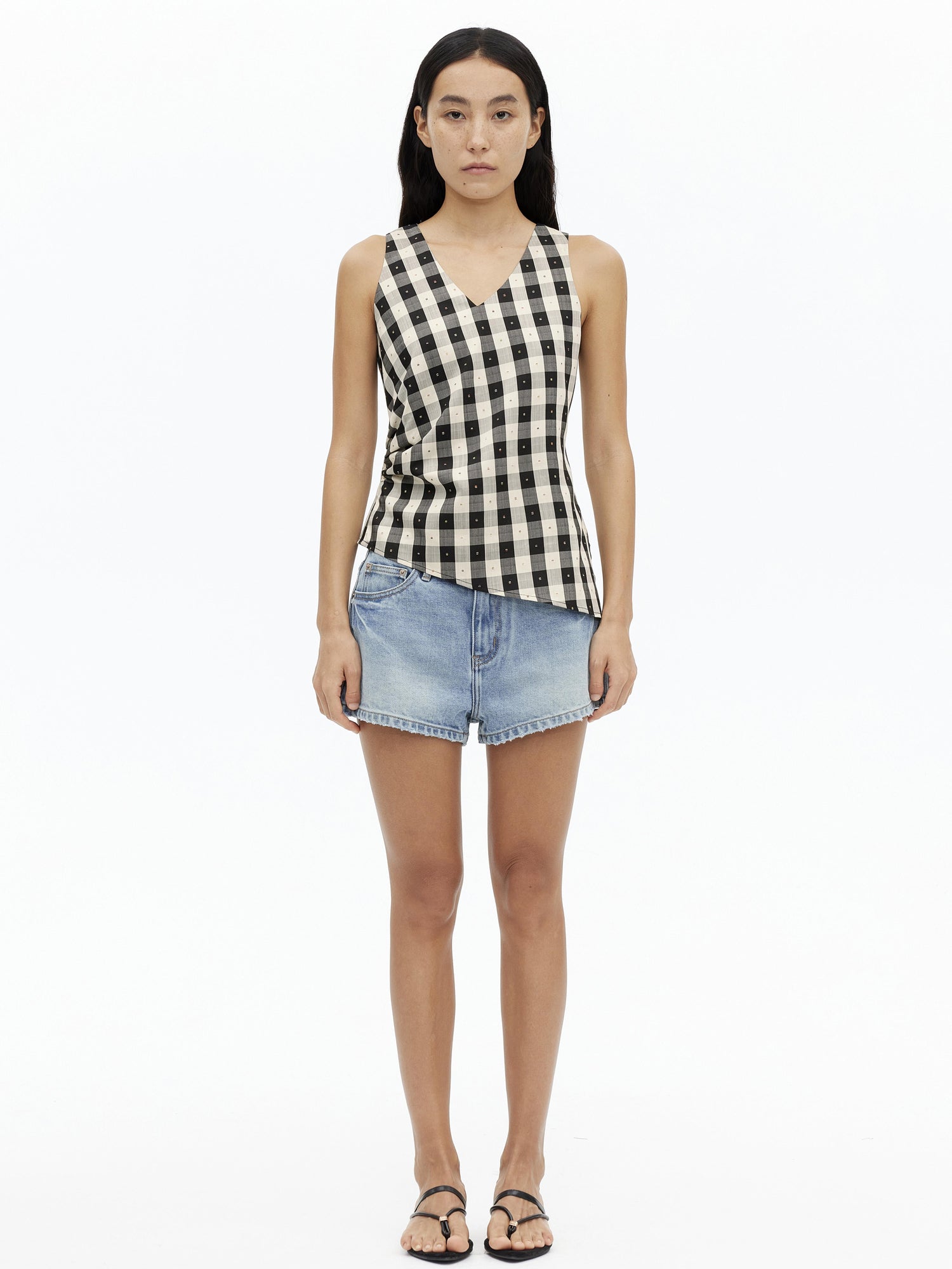 AFTADAWN Tencel Acetate Grid V-Neck Waist Defining Sleeveless Vest