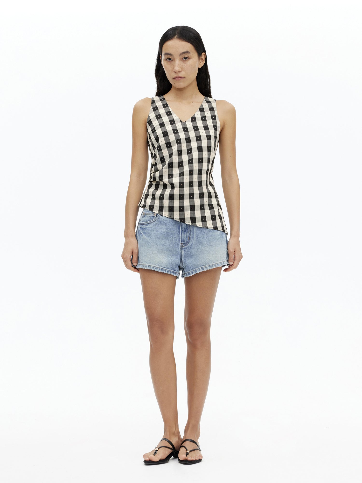 AFTADAWN Tencel Acetate Grid V-Neck Waist Defining Sleeveless Vest