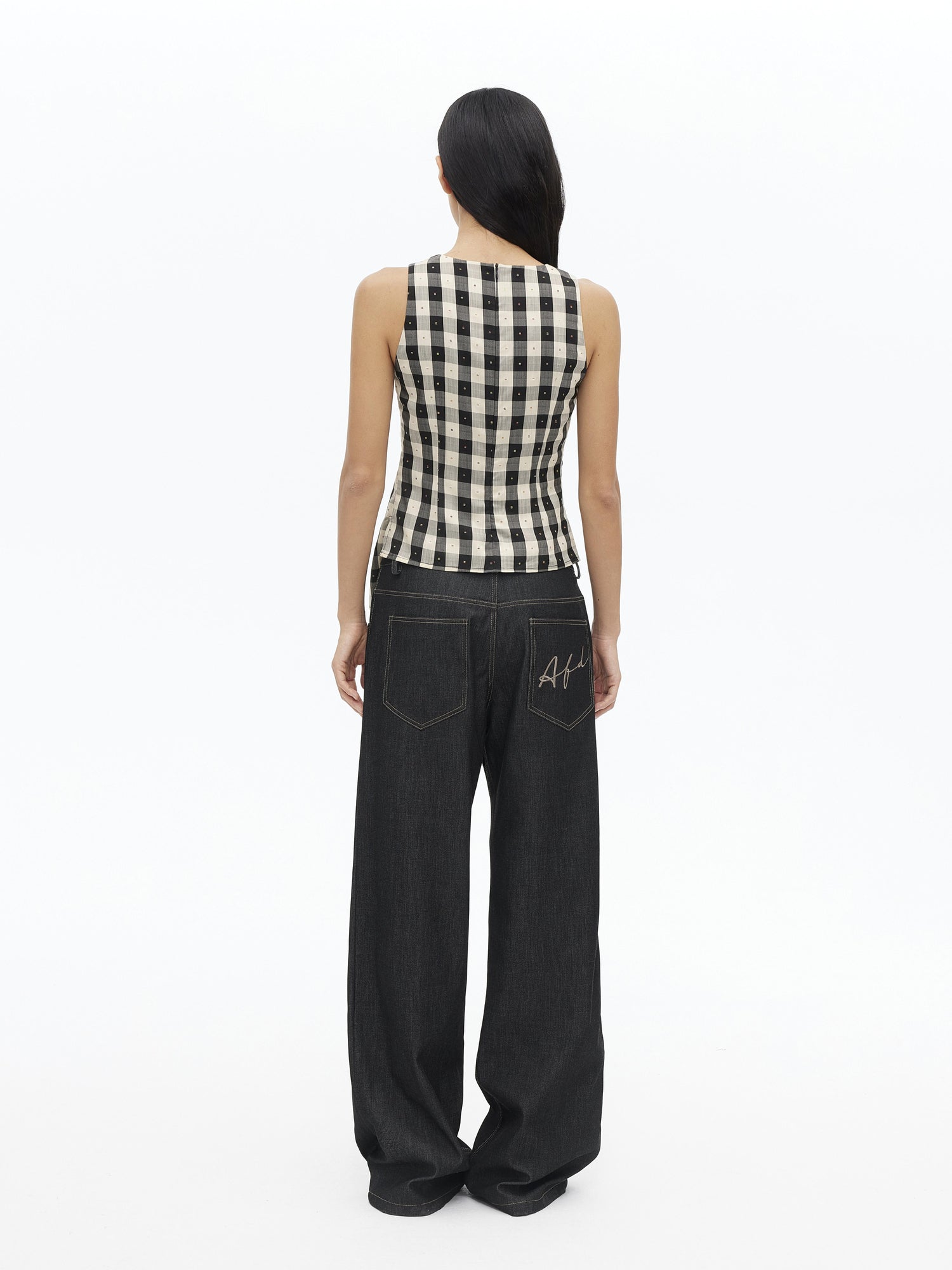 AFTADAWN Tencel Acetate Grid V-Neck Waist Defining Sleeveless Vest