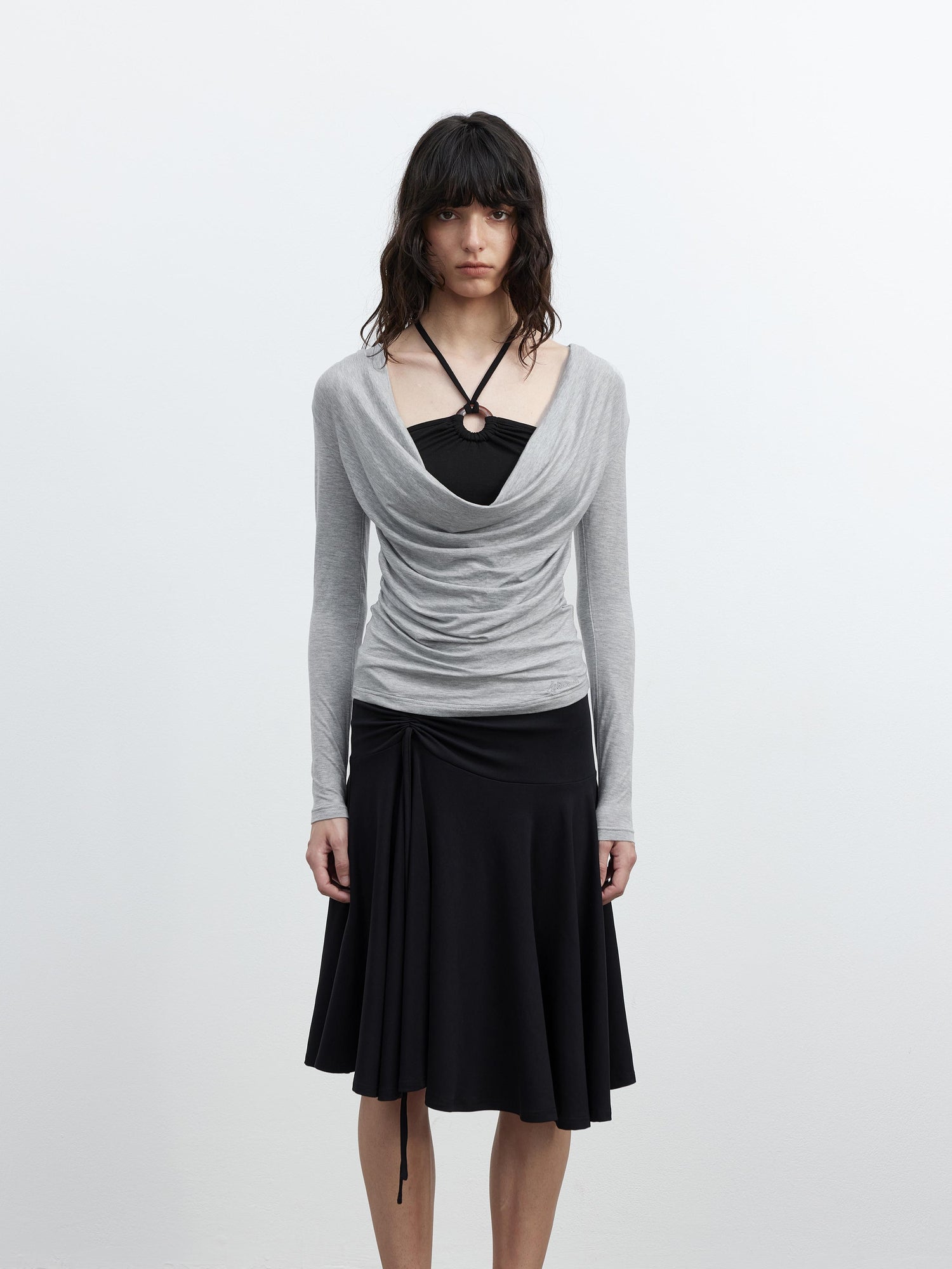 AFTADAWN Tencel Beaded Cowl Neck Color Block Long Sleeve Top