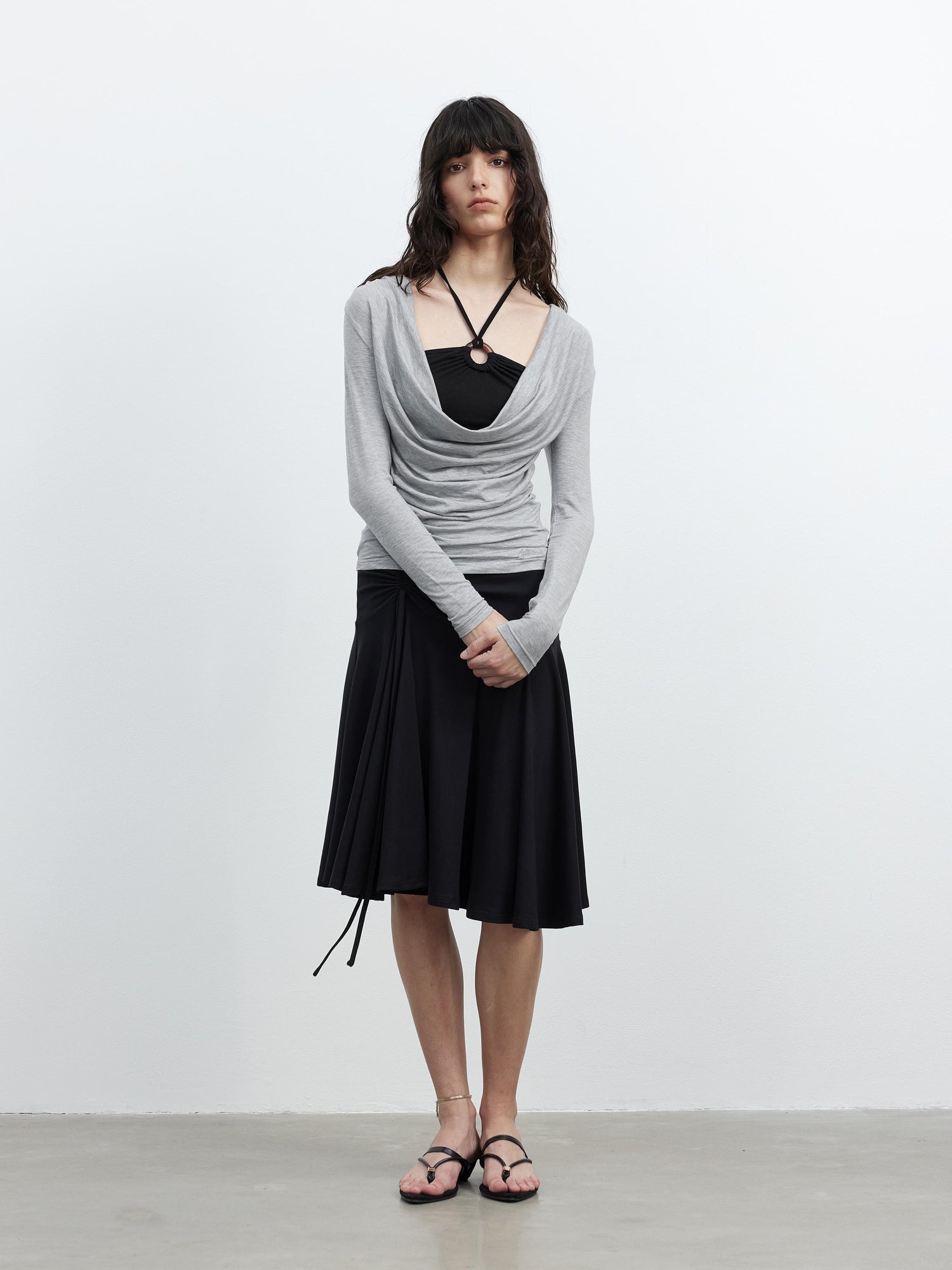 AFTADAWN Tencel Beaded Cowl Neck Color Block Long Sleeve Top