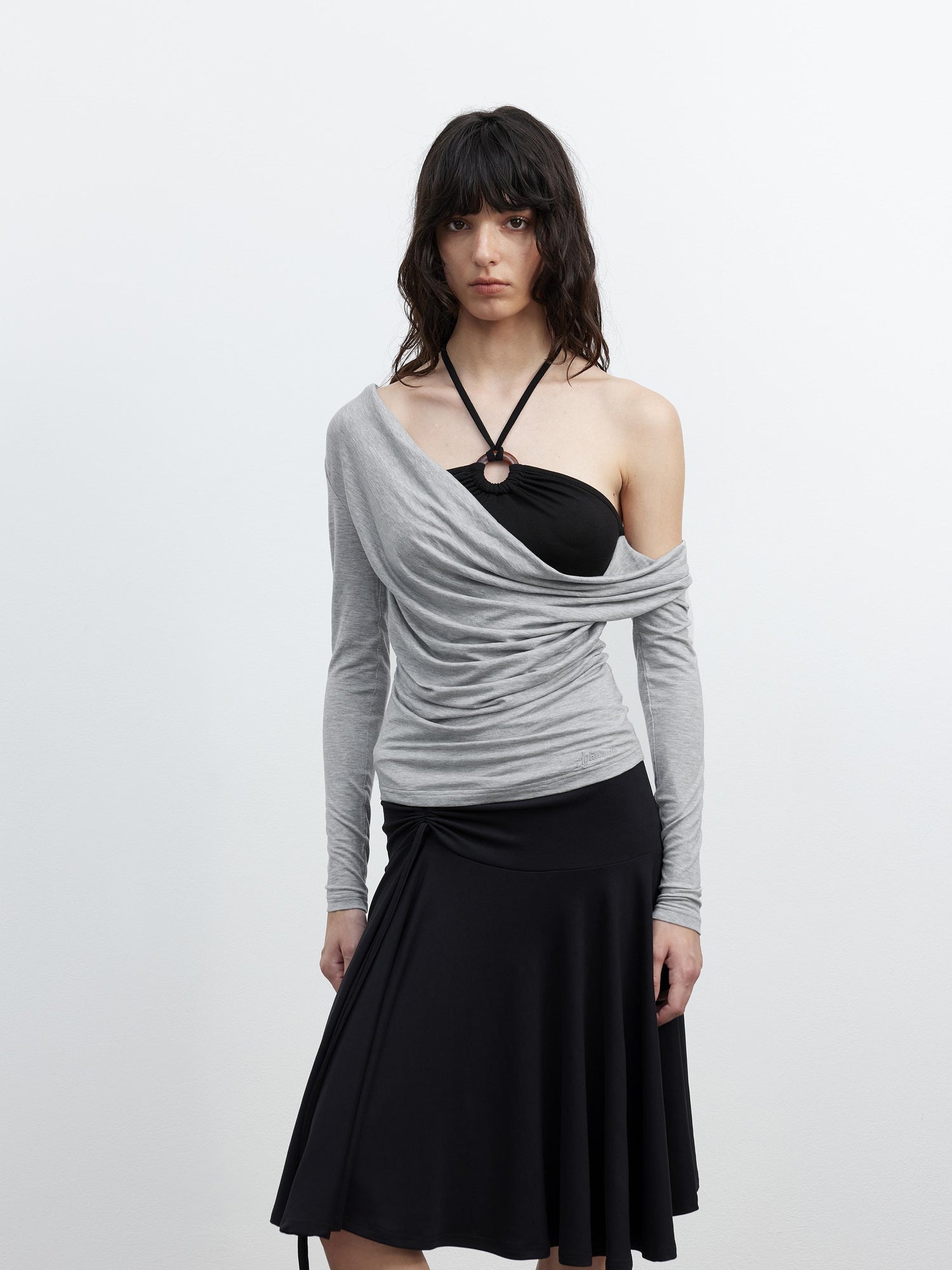 AFTADAWN Tencel Beaded Cowl Neck Color Block Long Sleeve Top