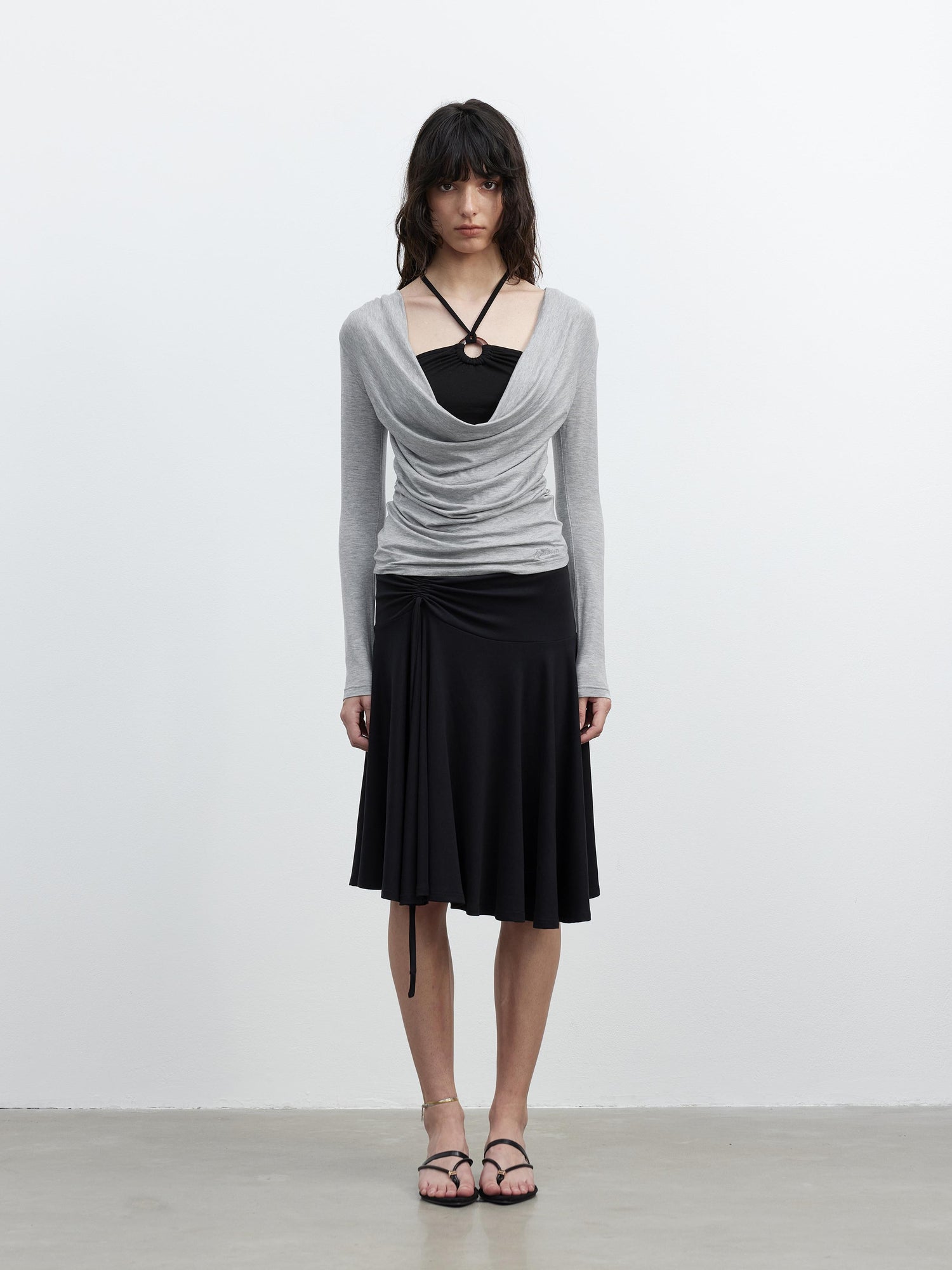 AFTADAWN Tencel Beaded Cowl Neck Color Block Long Sleeve Top