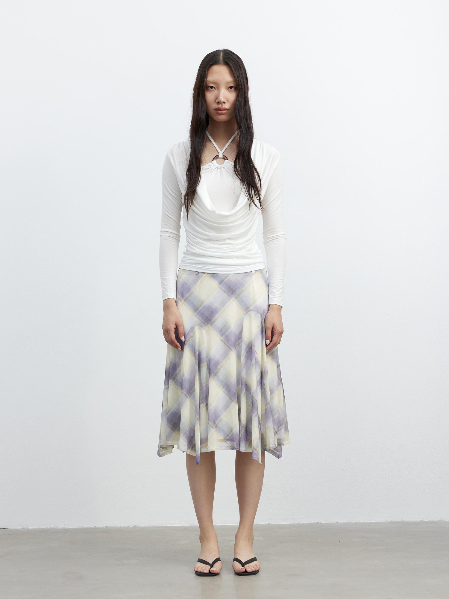 AFTADAWN Tencel Beaded Cowl Neck Color Block Long Sleeve Top