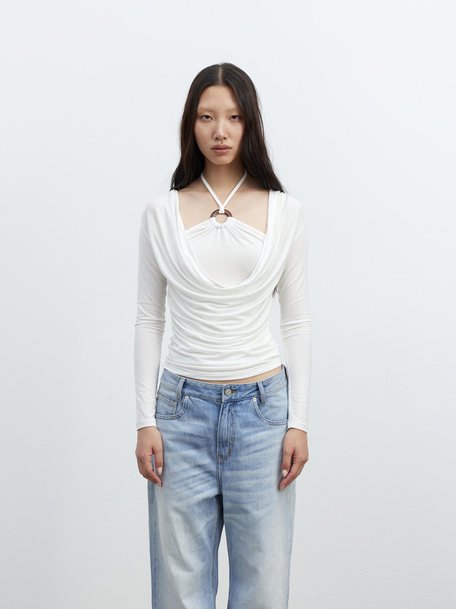 AFTADAWN Tencel Beaded Cowl Neck Color Block Long Sleeve Top