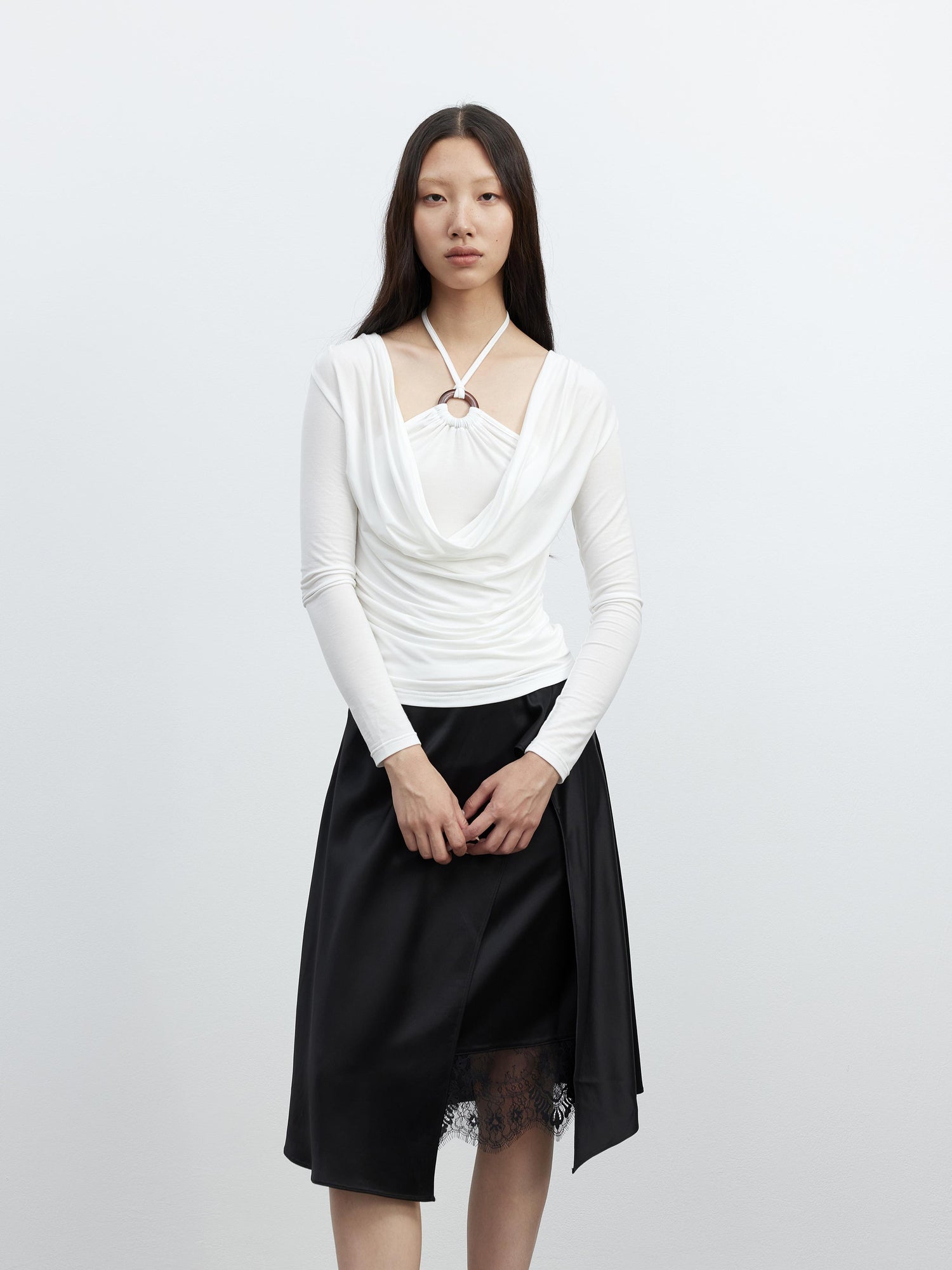 AFTADAWN Tencel Beaded Cowl Neck Color Block Long Sleeve Top