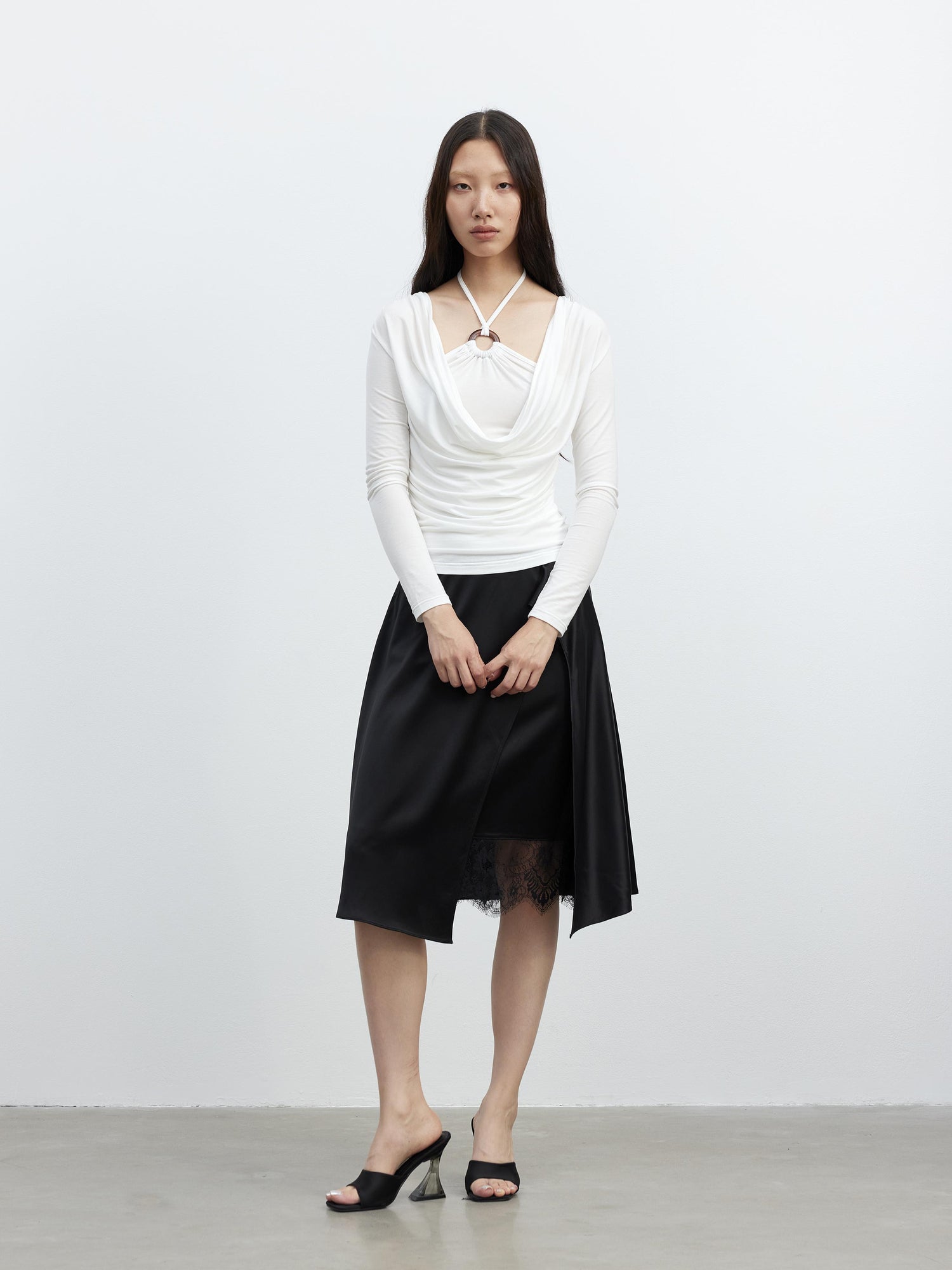 AFTADAWN Tencel Beaded Cowl Neck Color Block Long Sleeve Top