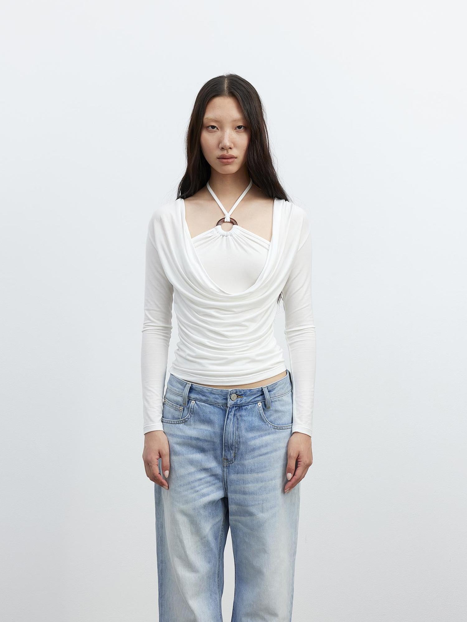 AFTADAWN Tencel Beaded Cowl Neck Color Block Long Sleeve Top