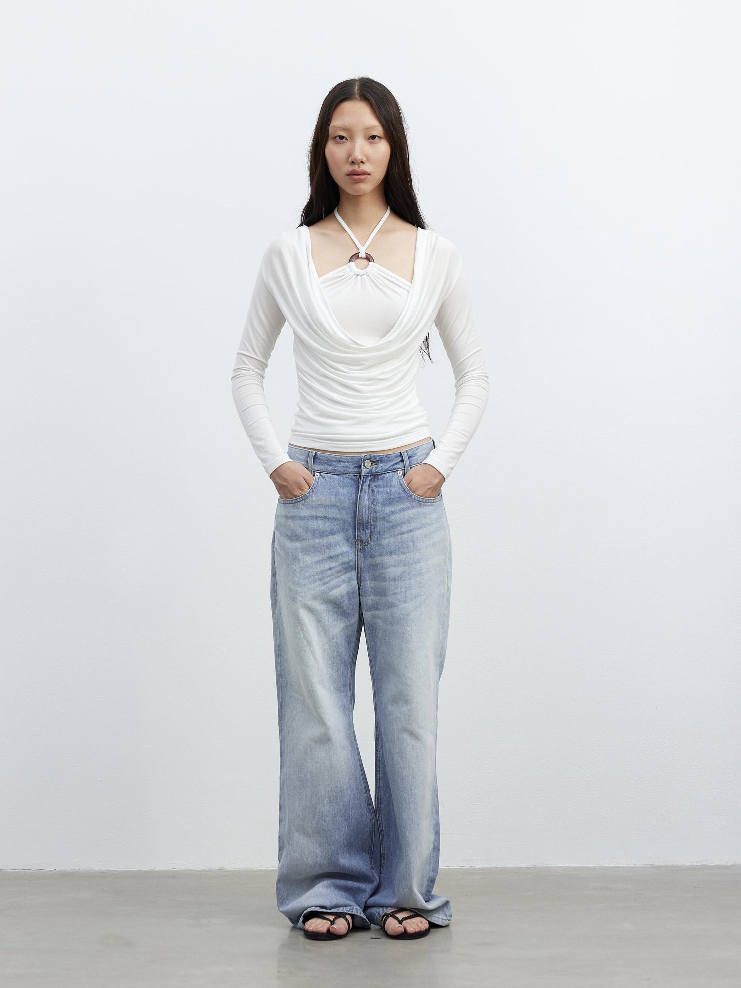 AFTADAWN Tencel Beaded Cowl Neck Color Block Long Sleeve Top