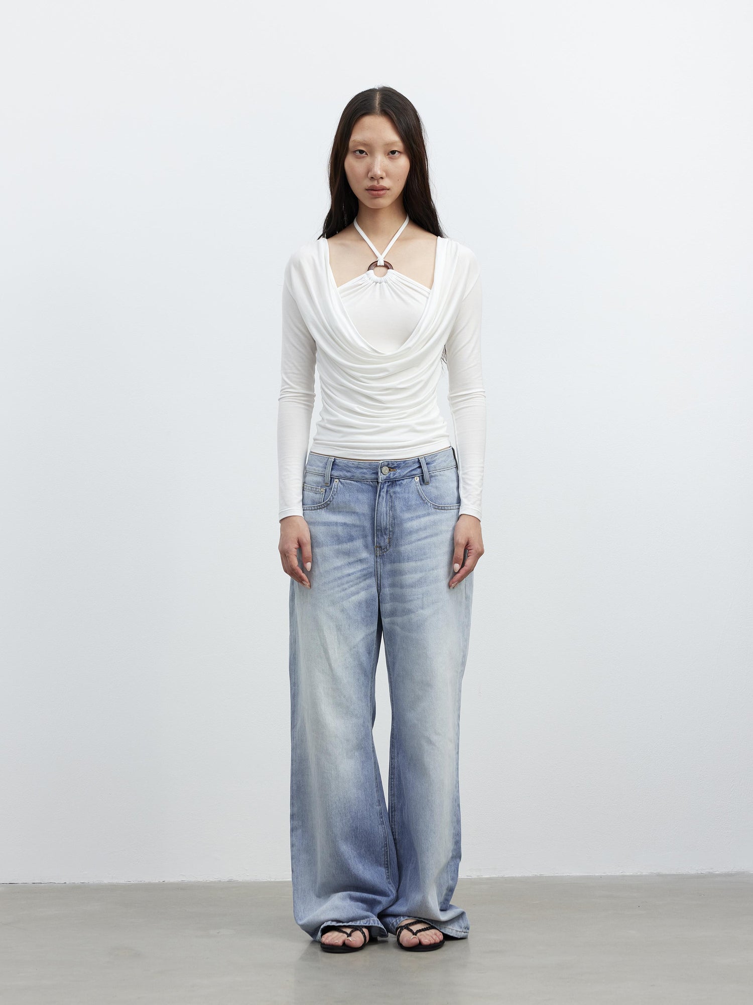 AFTADAWN Tencel Beaded Cowl Neck Color Block Long Sleeve Top