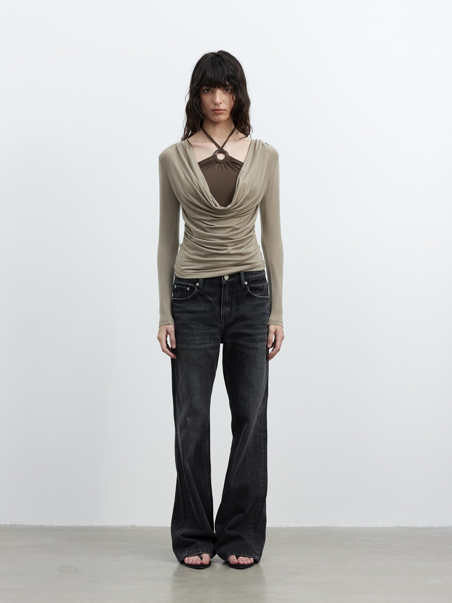 AFTADAWN Tencel Beaded Cowl Neck Color Block Long Sleeve Top