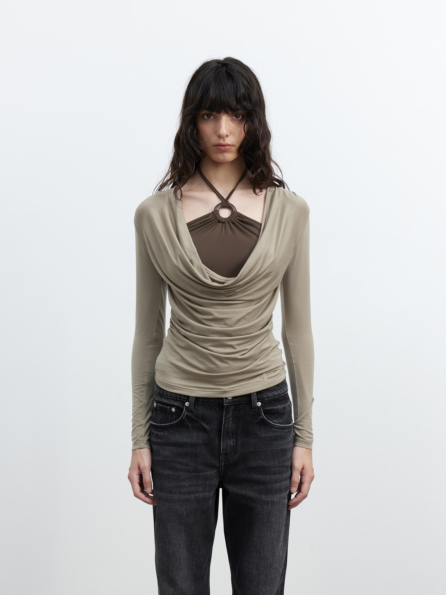 AFTADAWN Tencel Beaded Cowl Neck Color Block Long Sleeve Top