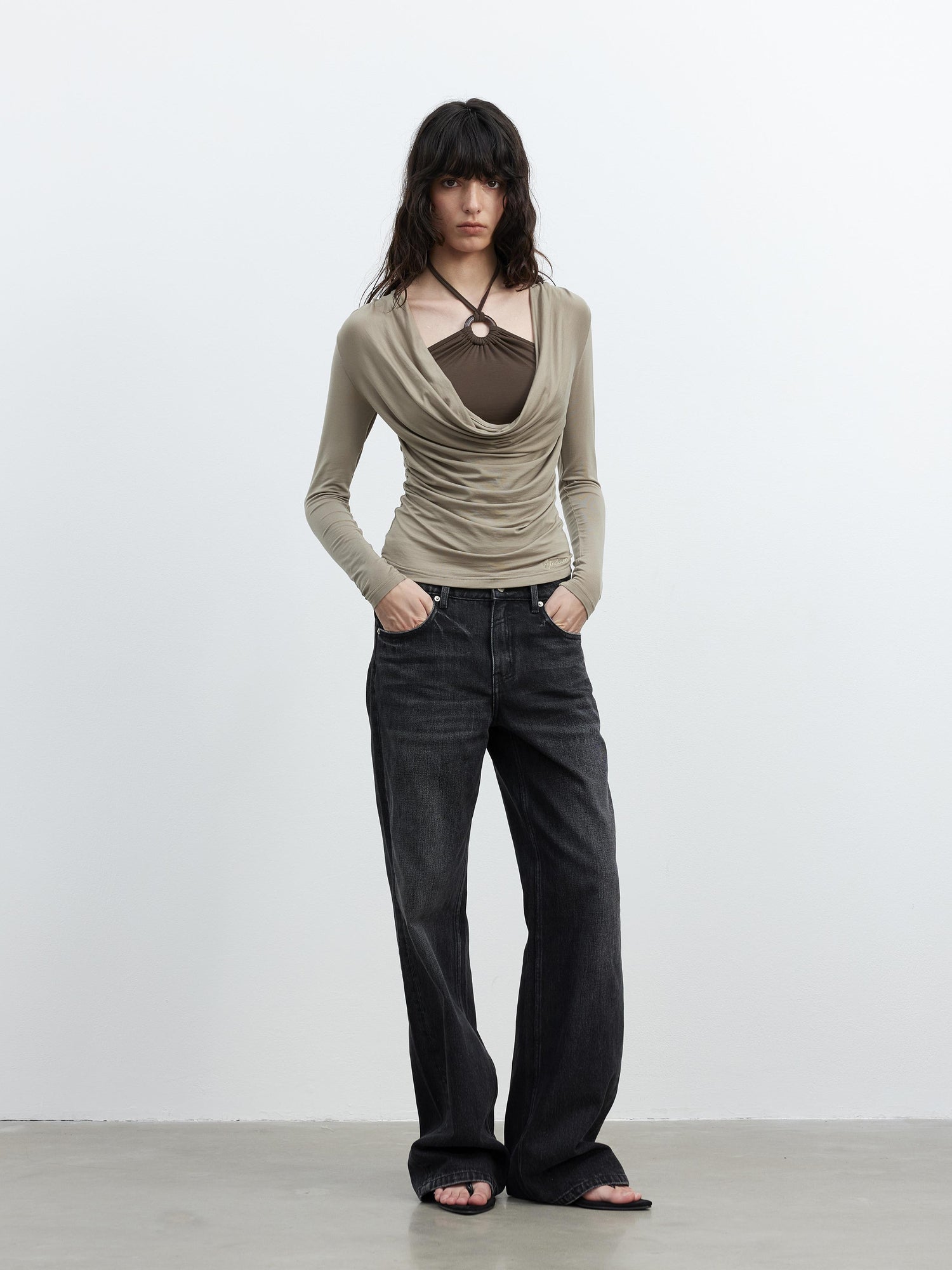 AFTADAWN Tencel Beaded Cowl Neck Color Block Long Sleeve Top