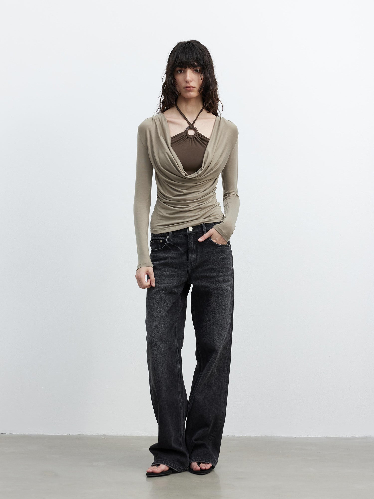 AFTADAWN Tencel Beaded Cowl Neck Color Block Long Sleeve Top