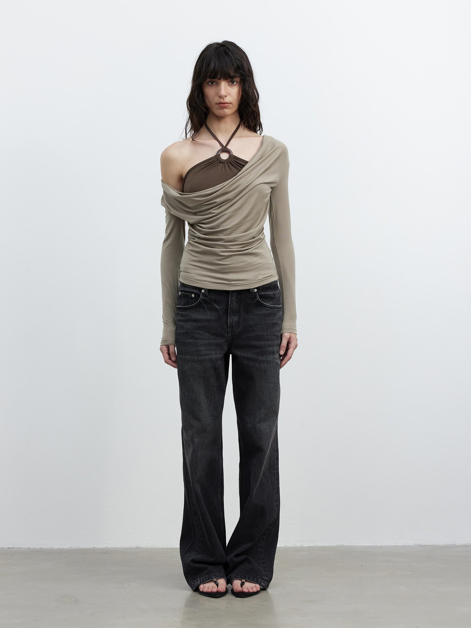 AFTADAWN Tencel Beaded Cowl Neck Color Block Long Sleeve Top