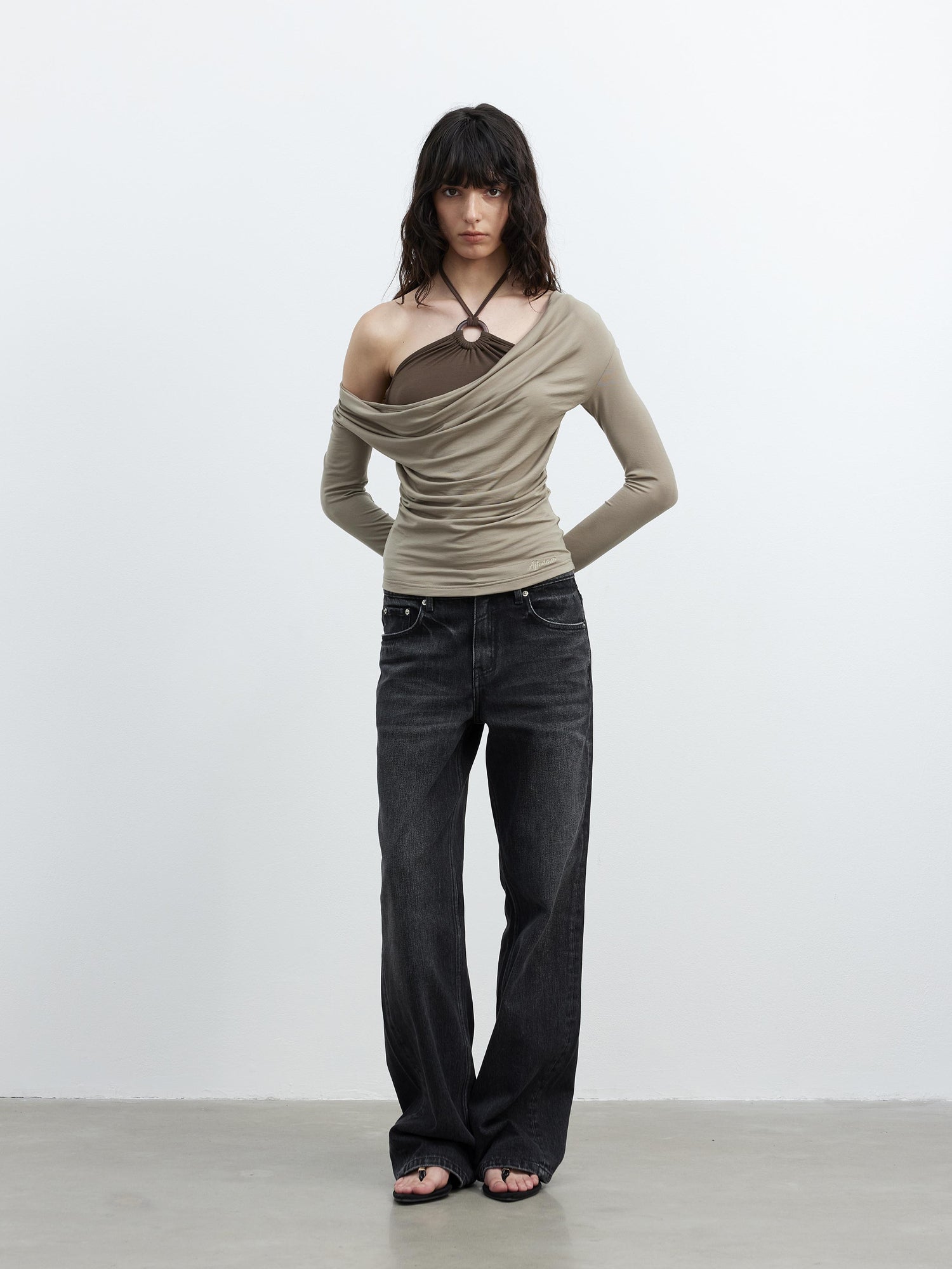 AFTADAWN Tencel Beaded Cowl Neck Color Block Long Sleeve Top