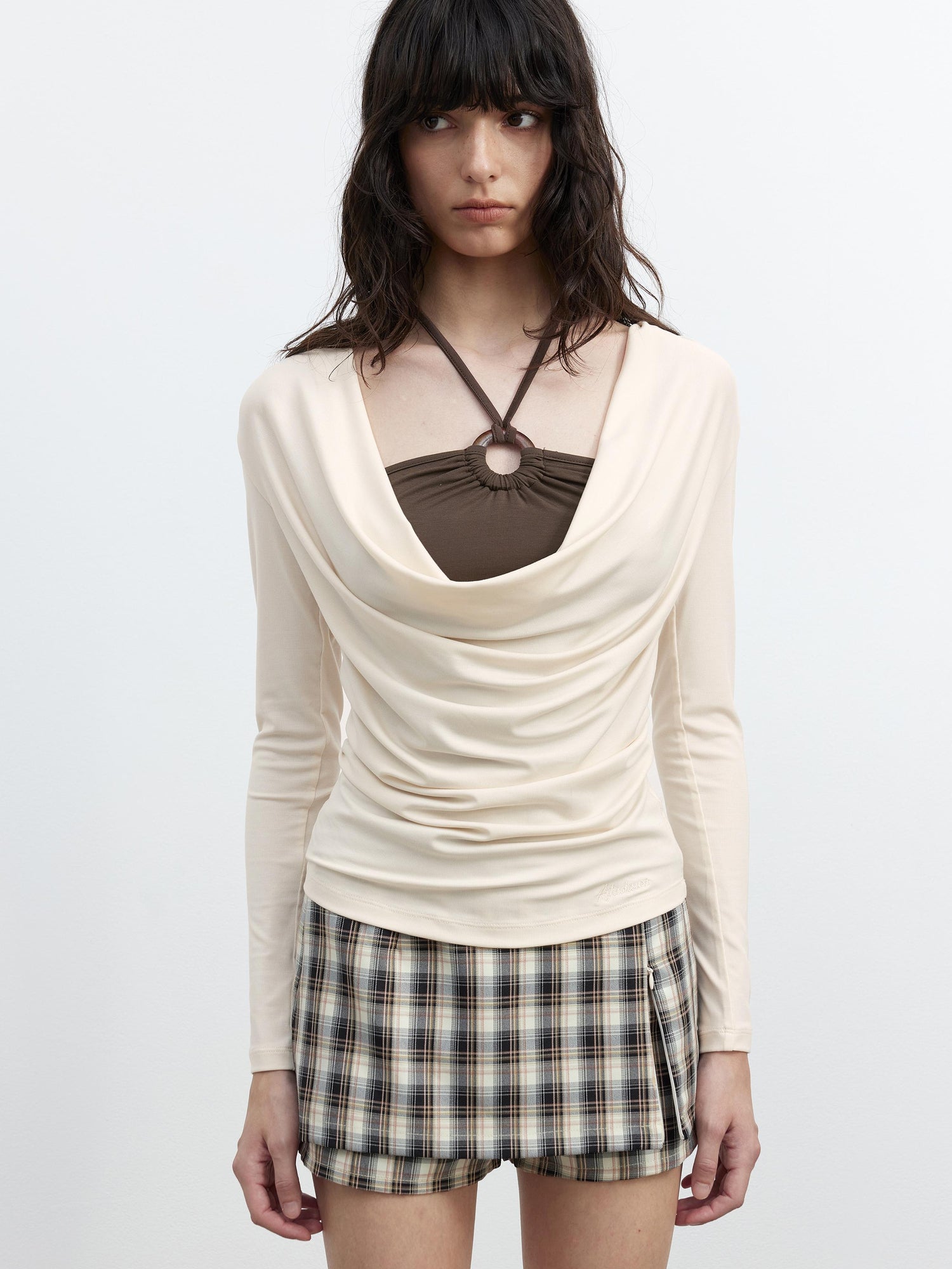 AFTADAWN Tencel Beaded Cowl Neck Color Block Long Sleeve Top