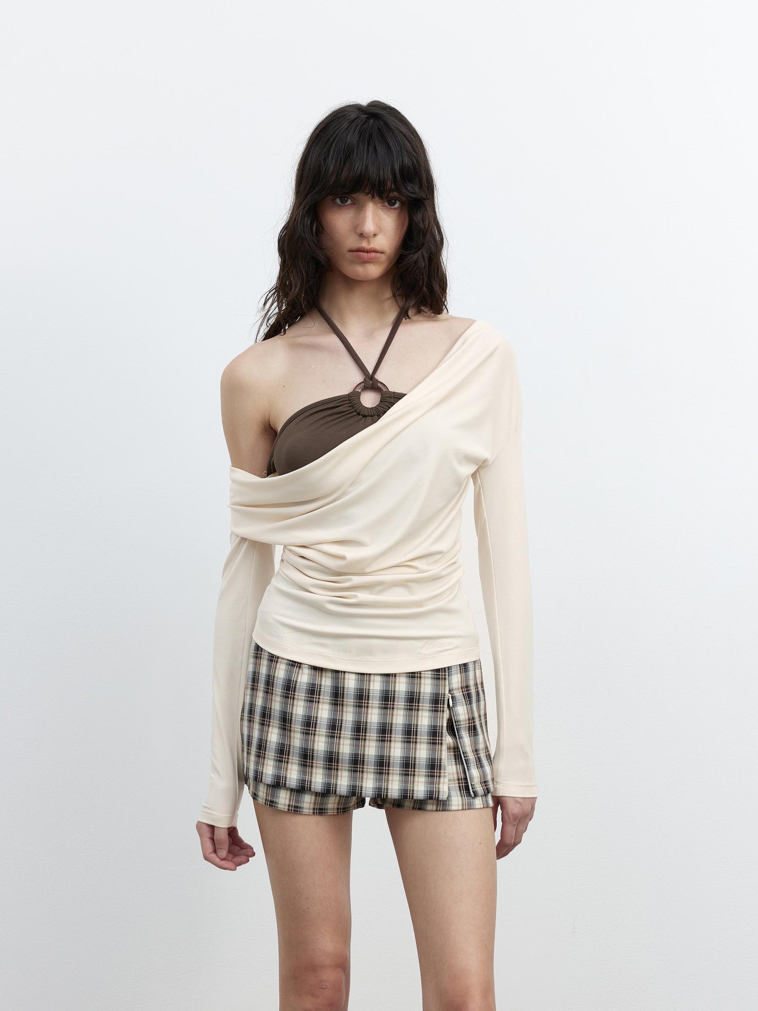 AFTADAWN Tencel Beaded Cowl Neck Color Block Long Sleeve Top