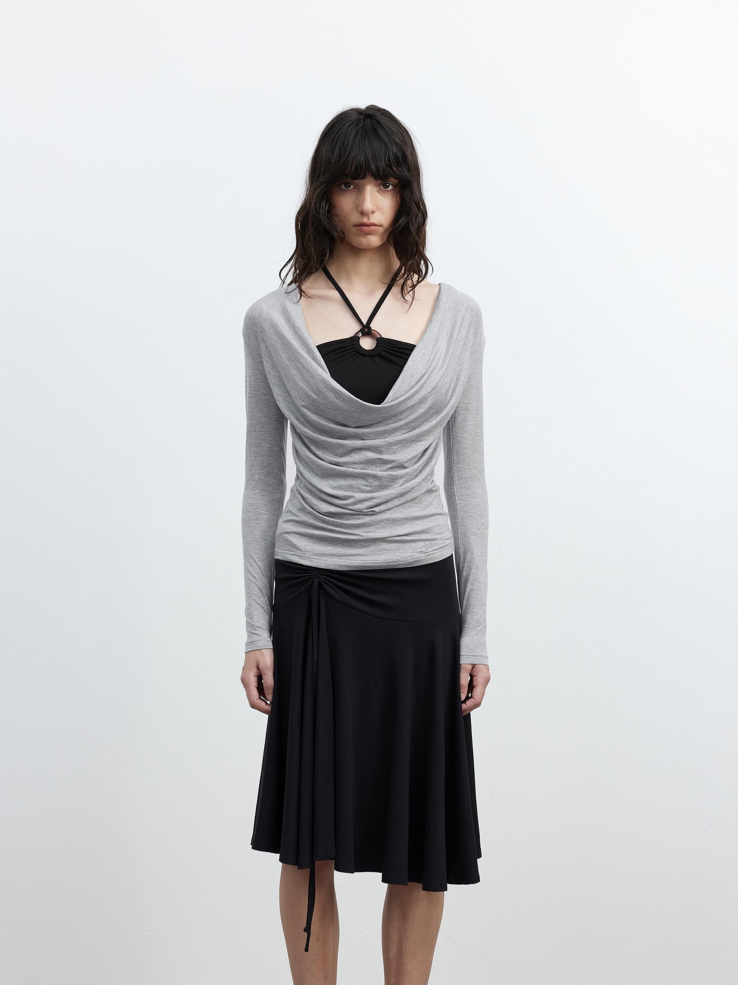 AFTADAWN Tencel Beaded Cowl Neck Color Block Long Sleeve Top