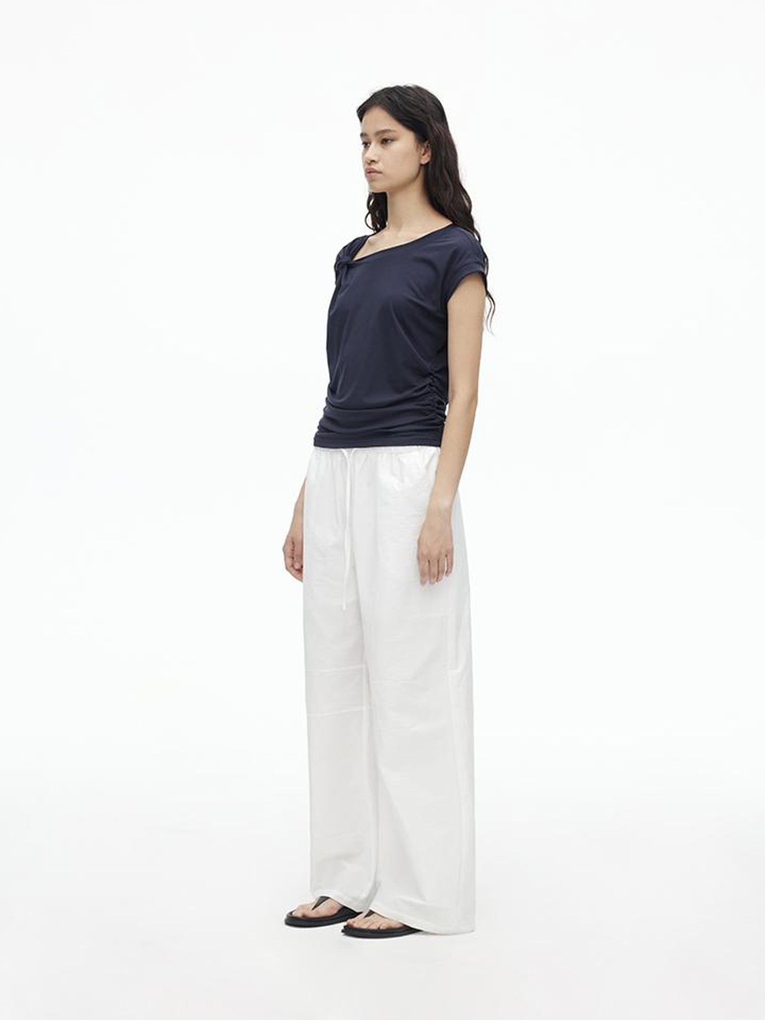 AFTADAWN Tencel Cotton Wide Leg Trousers With Pleated Detail