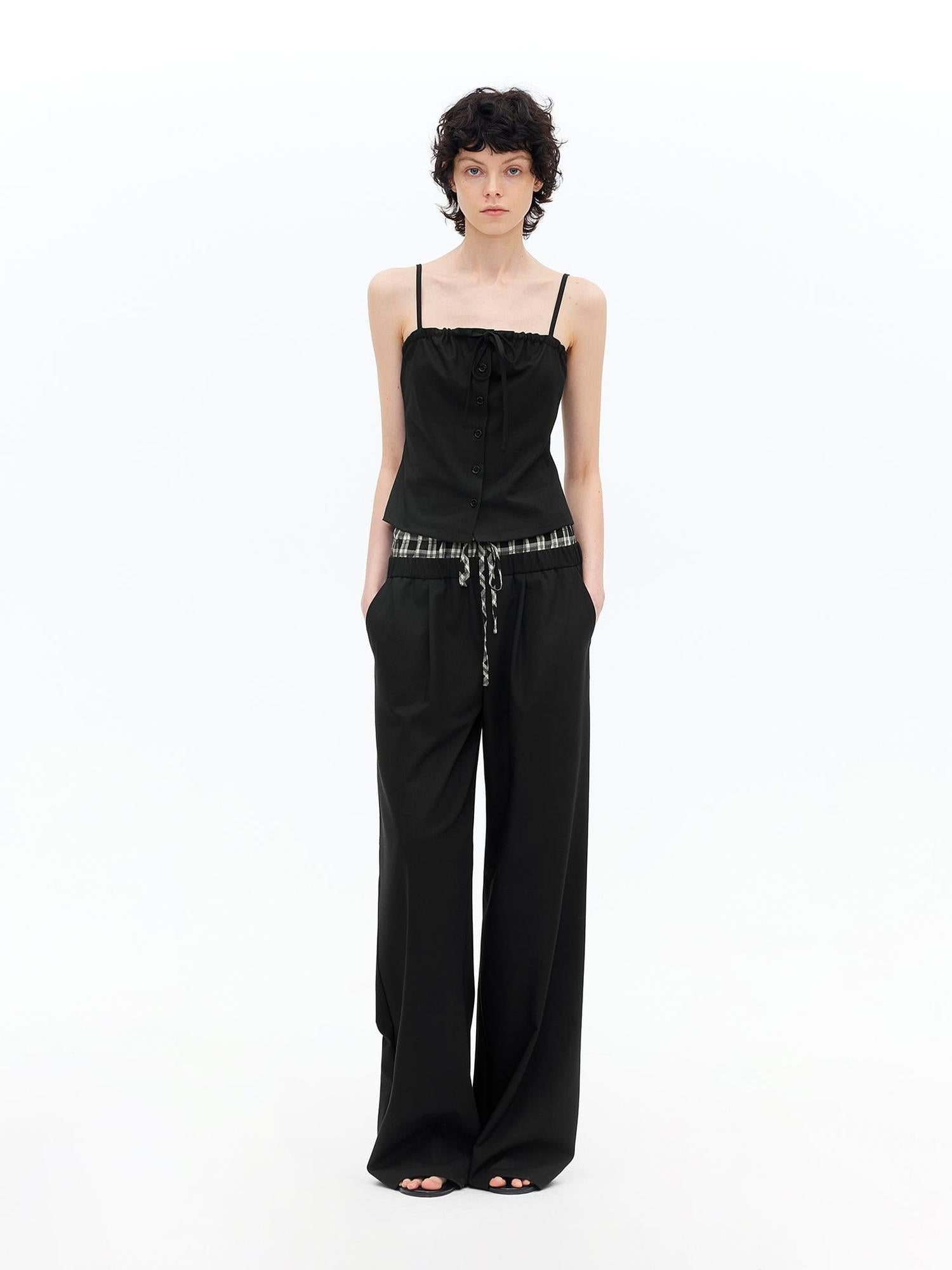 AFTADAWN Tencel Lightweight Checkered Paneled Drawstring Trousers