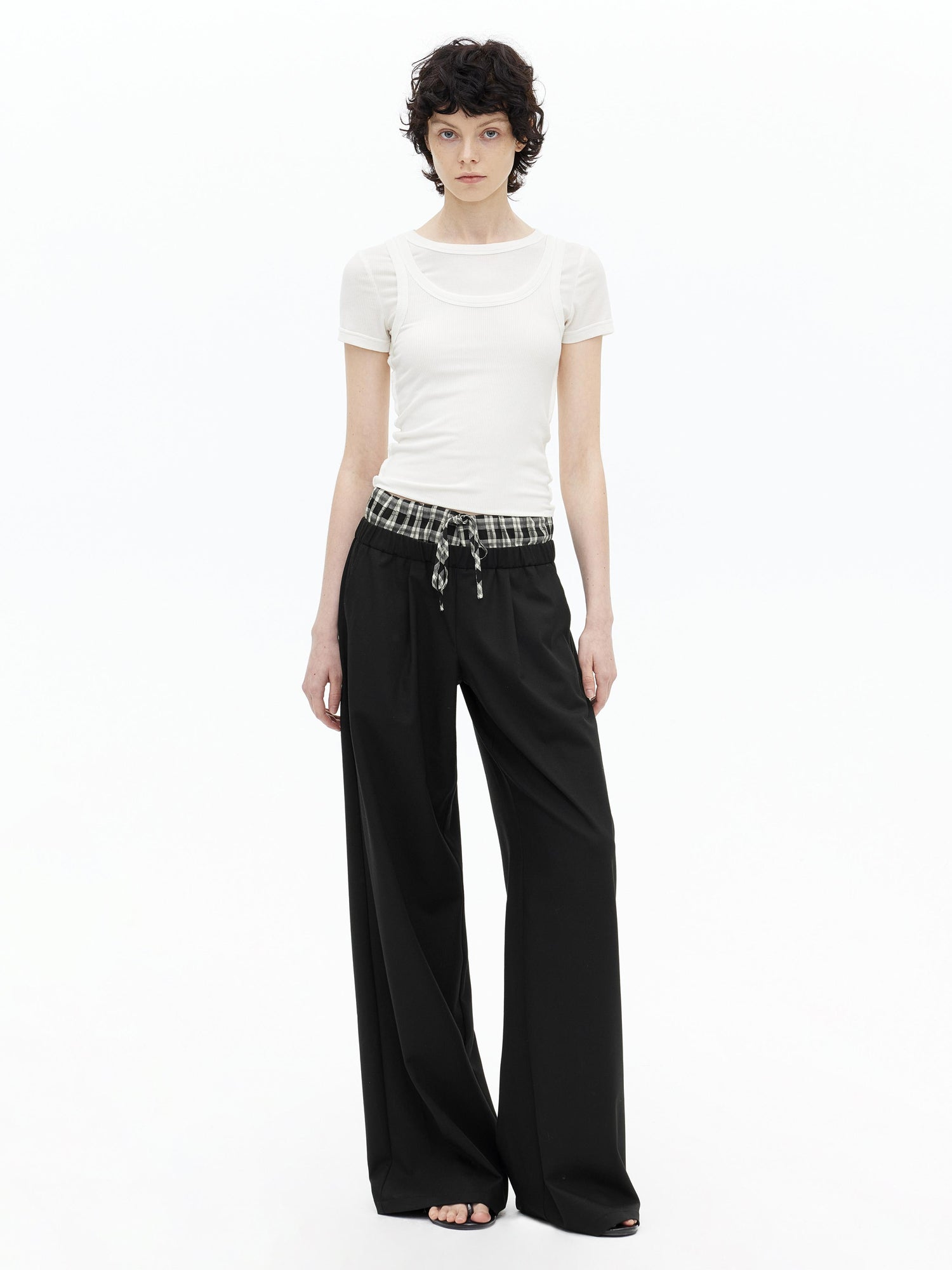 AFTADAWN Tencel Lightweight Checkered Paneled Drawstring Trousers