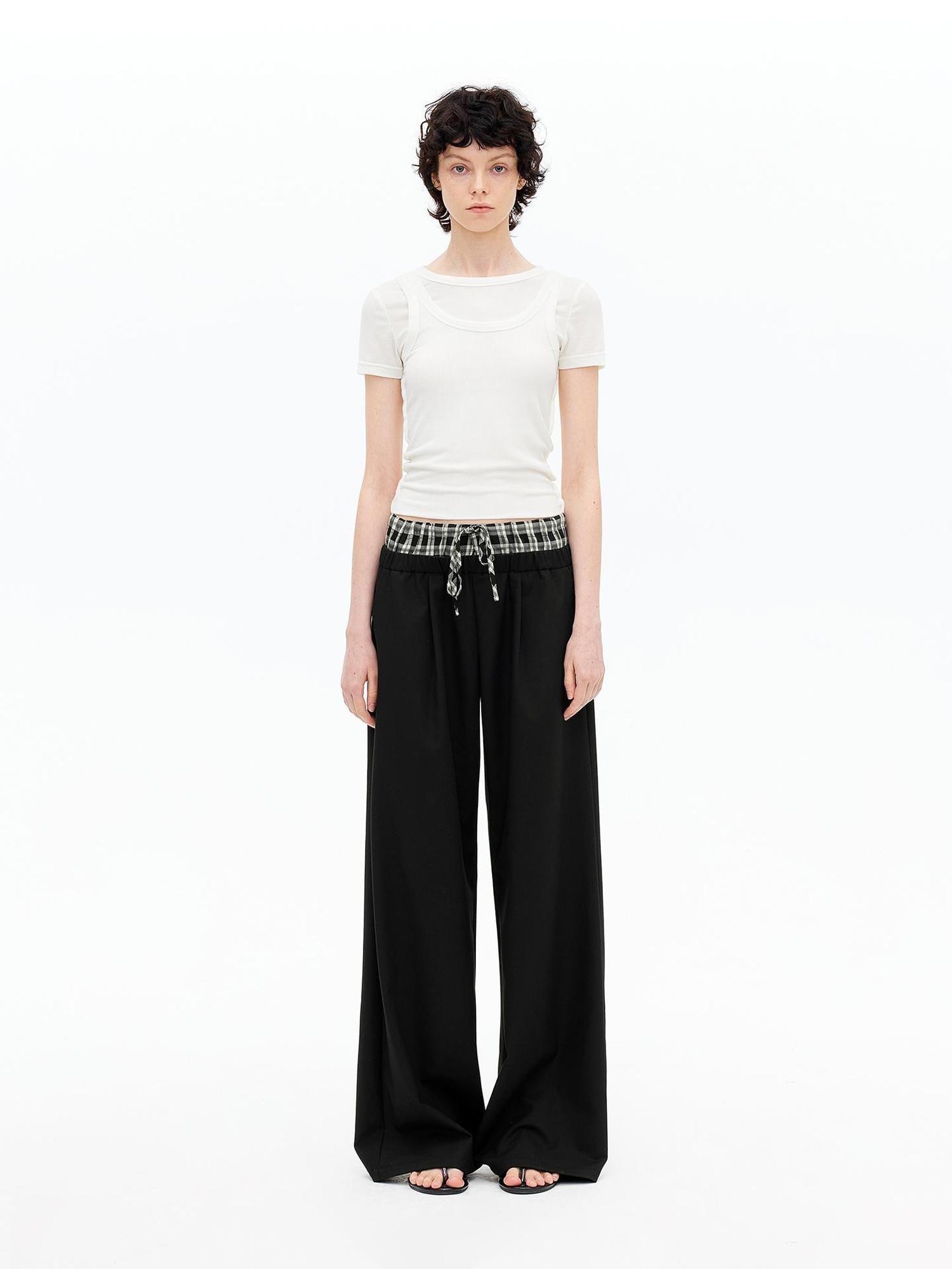 AFTADAWN Tencel Lightweight Checkered Paneled Drawstring Trousers