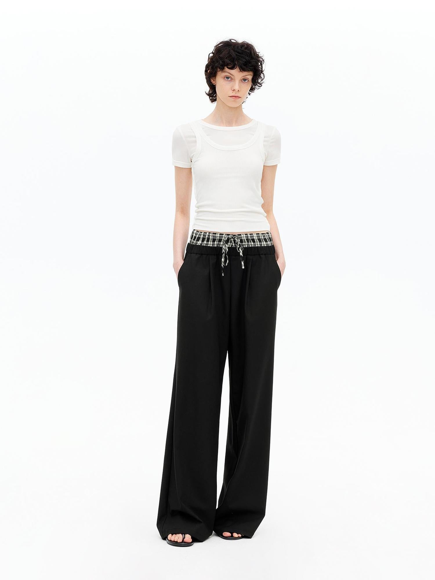 AFTADAWN Tencel Lightweight Checkered Paneled Drawstring Trousers