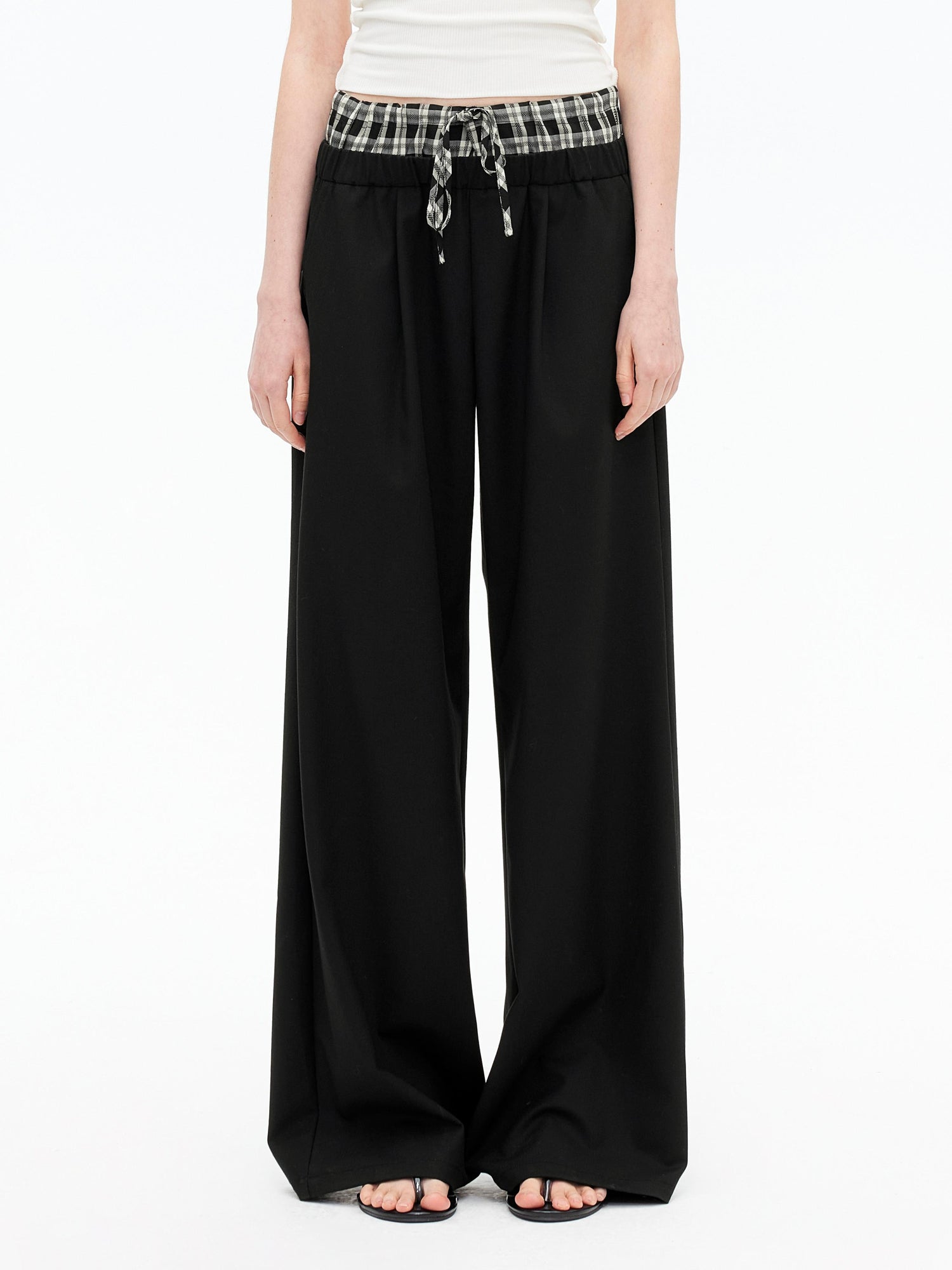AFTADAWN Tencel Lightweight Checkered Paneled Drawstring Trousers