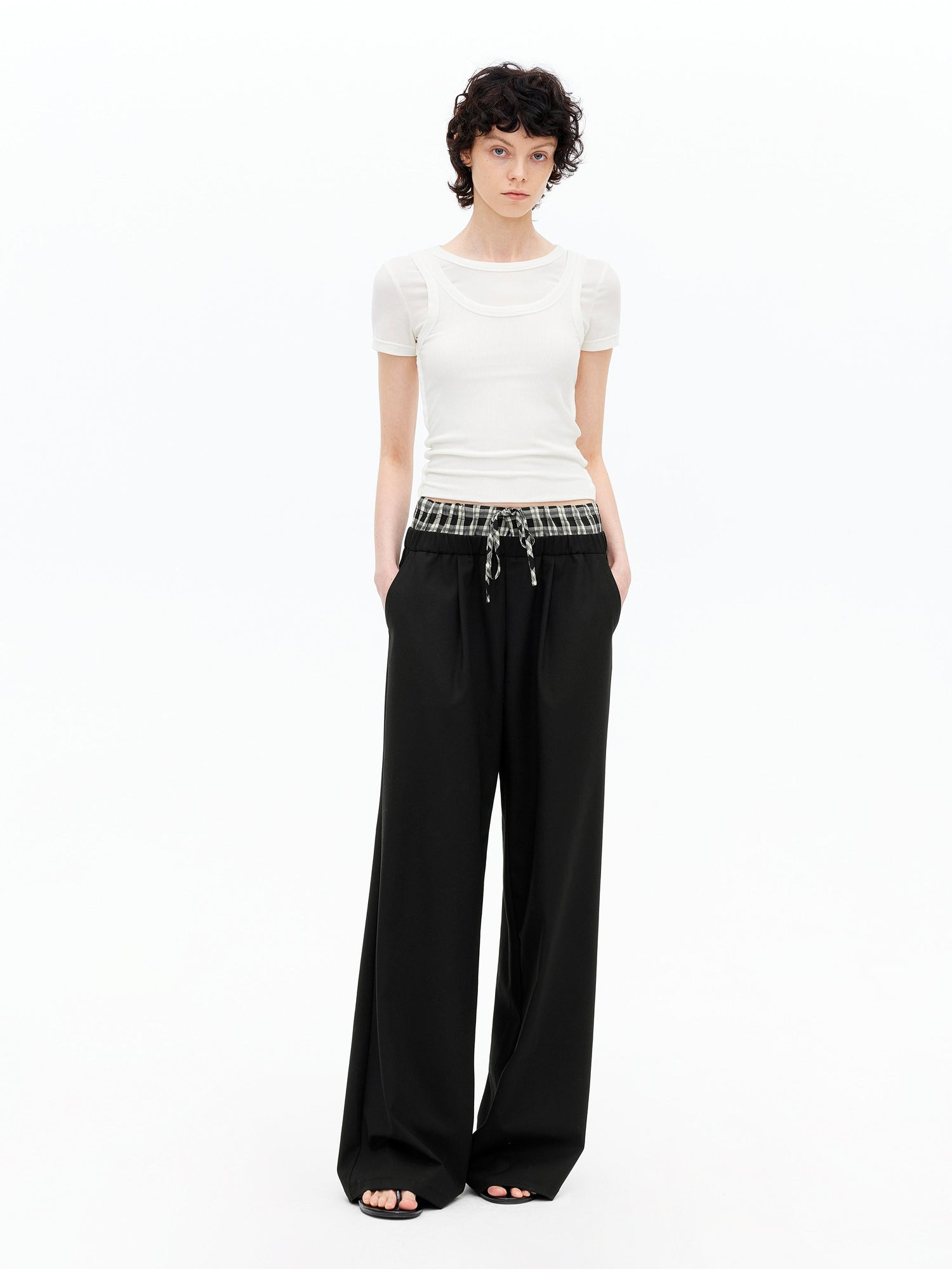 AFTADAWN Tencel Lightweight Checkered Paneled Drawstring Trousers