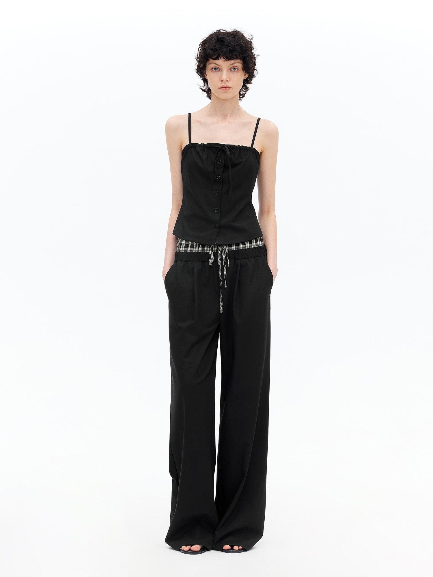 AFTADAWN Tencel Lightweight Checkered Paneled Drawstring Trousers