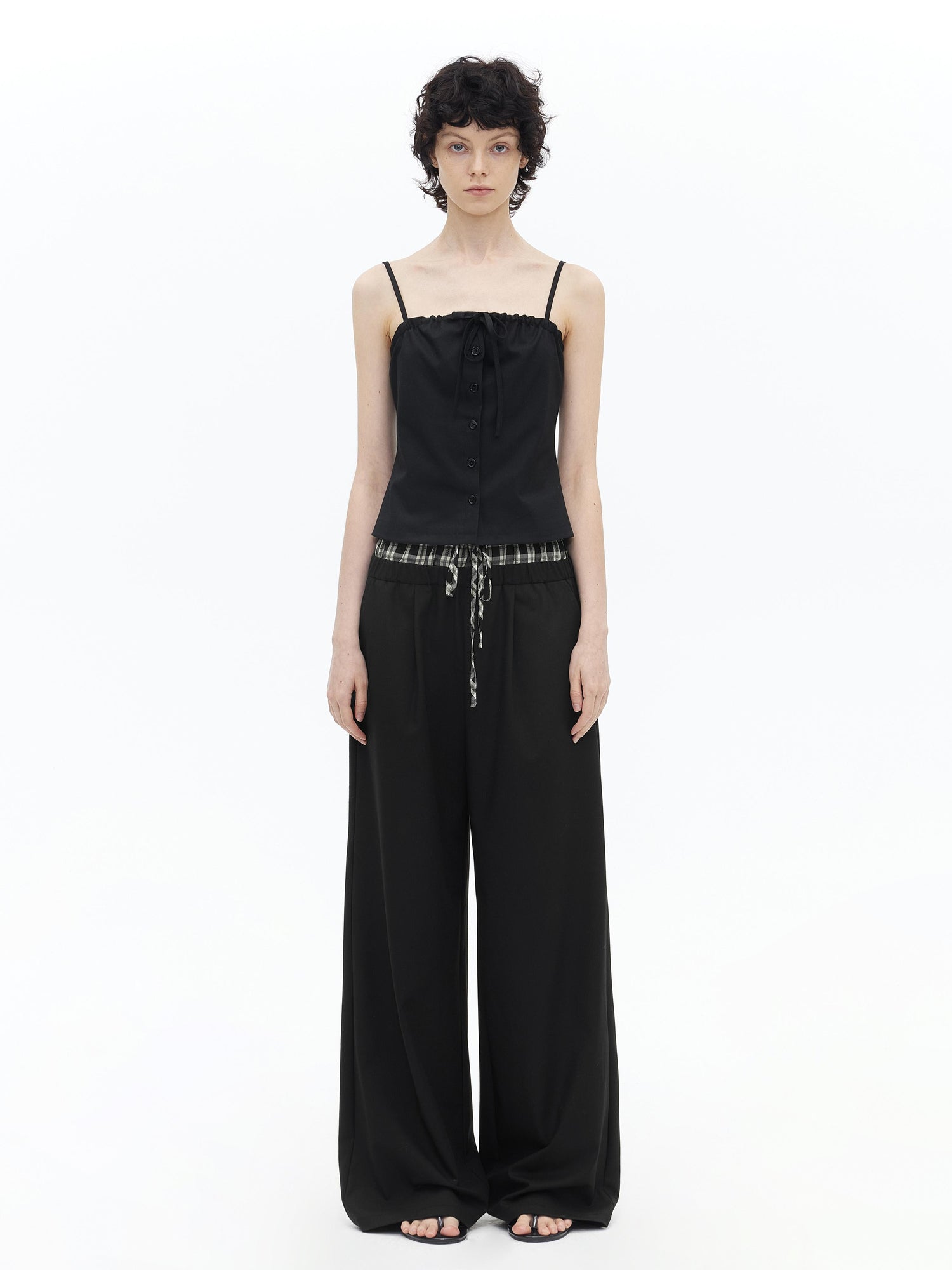 AFTADAWN Tencel Lightweight Checkered Paneled Drawstring Trousers